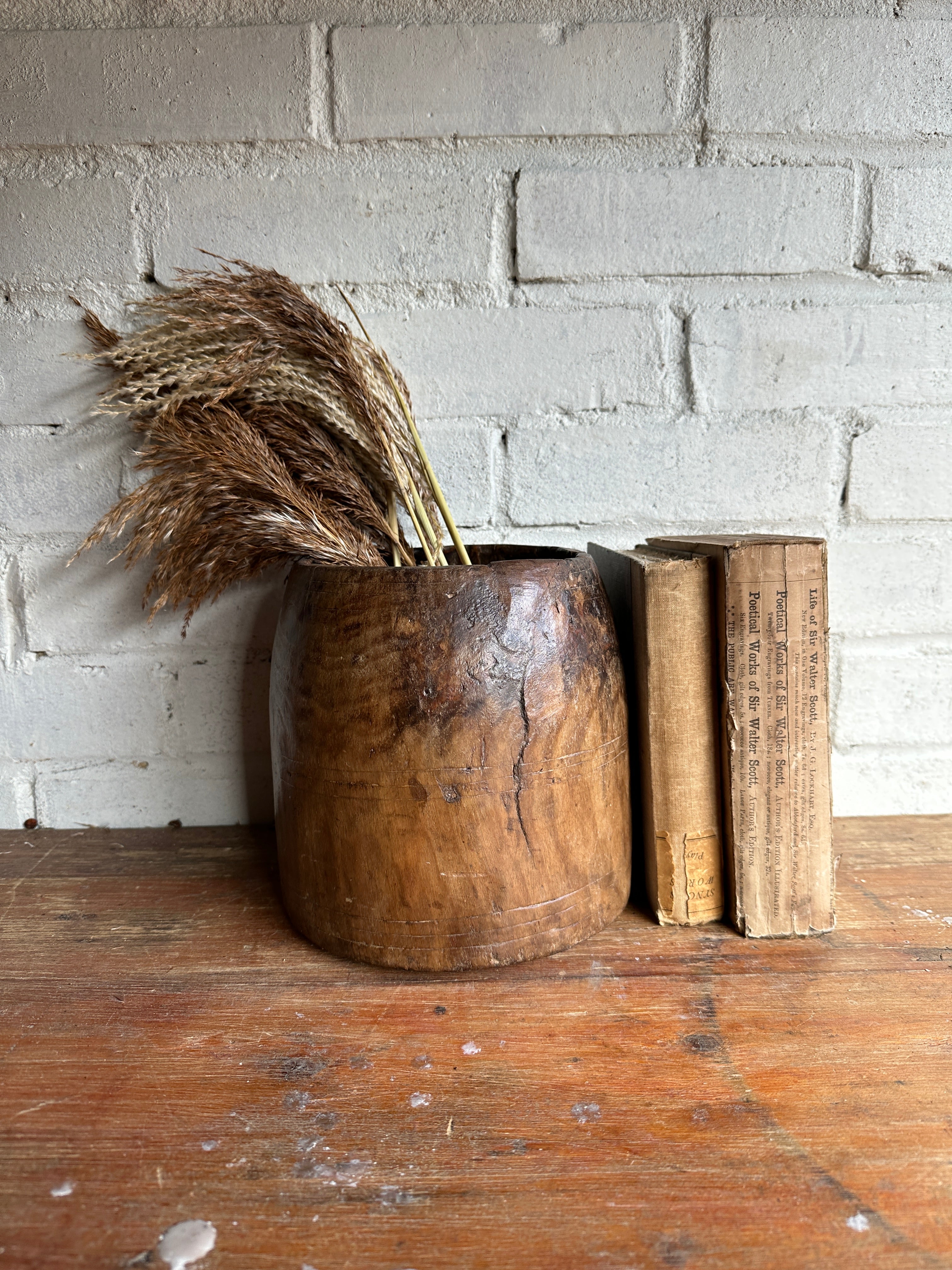 19th Century Indian Hand-Carved Wood Grain Measure Pot