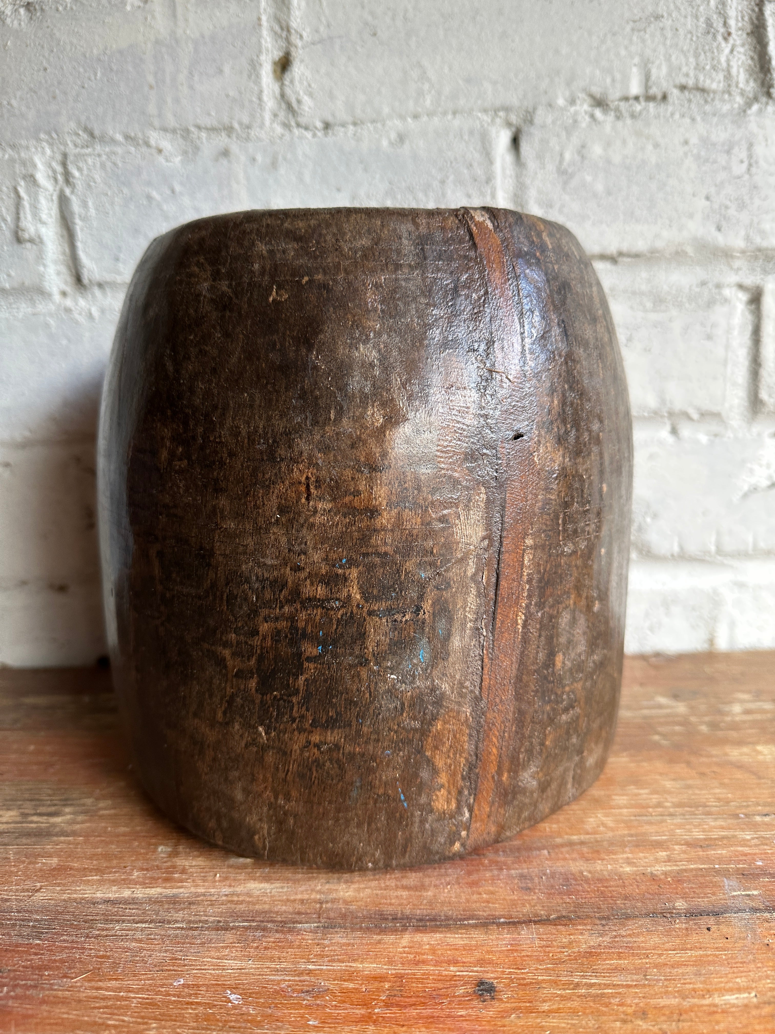 19th Century Indian Hand-Carved Wood Grain Measure Pot