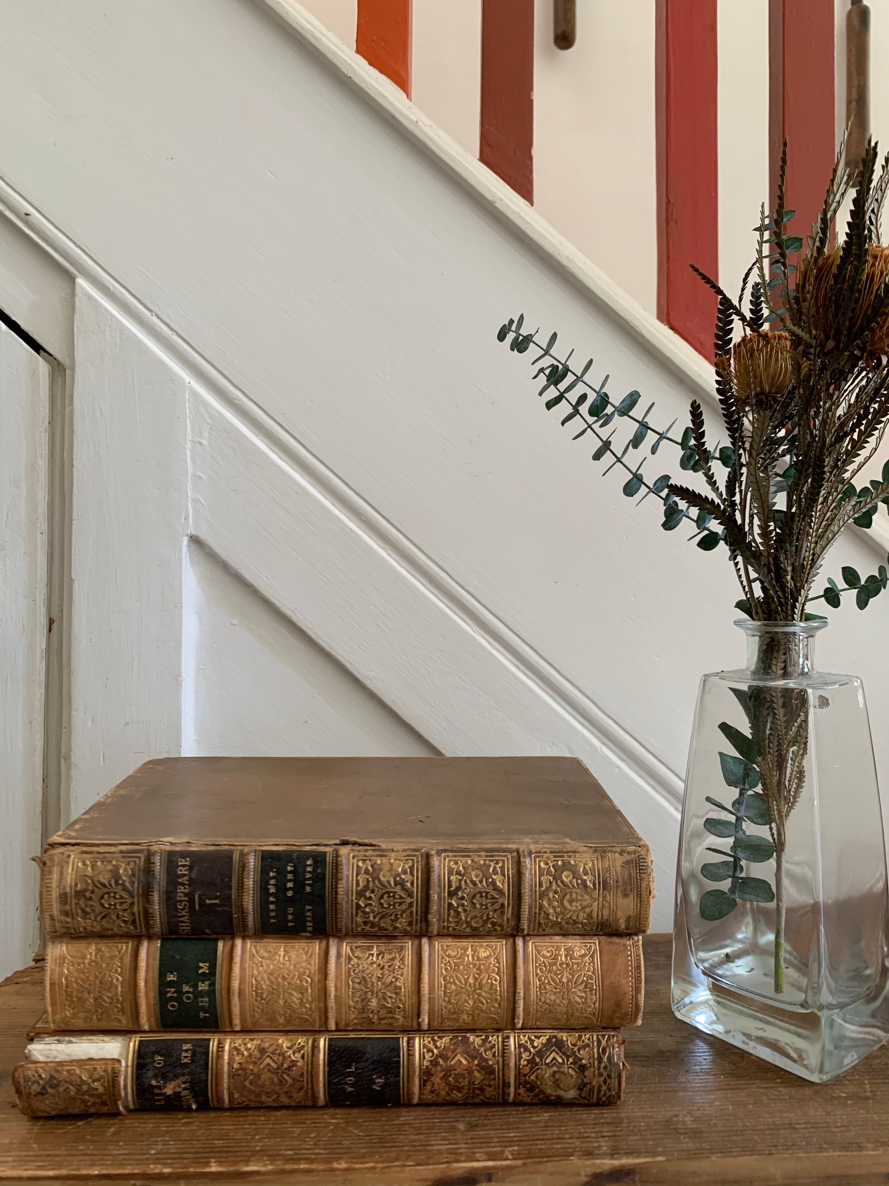 Trio of Old Marbled Books with Leather Spines