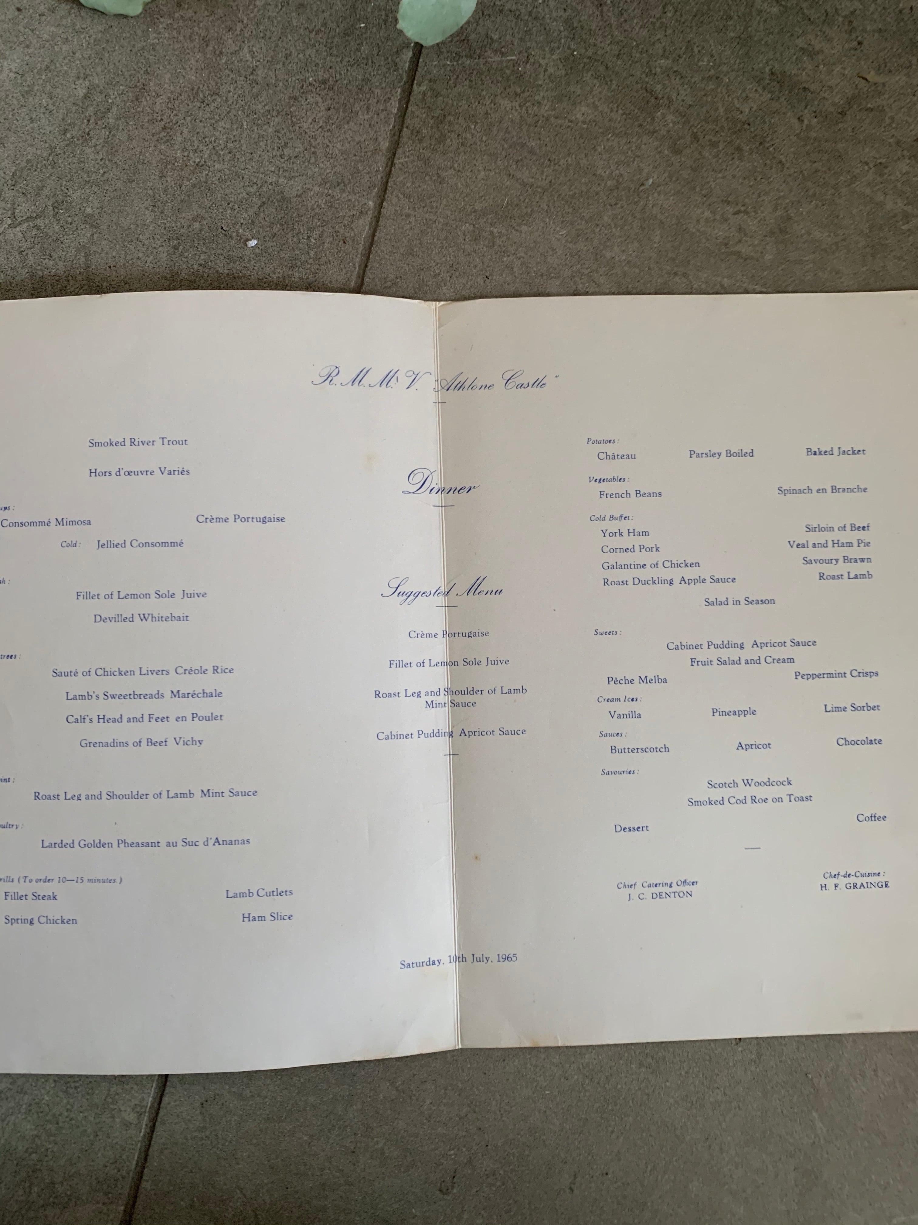 Original Union Castle Dinner Menu 1965