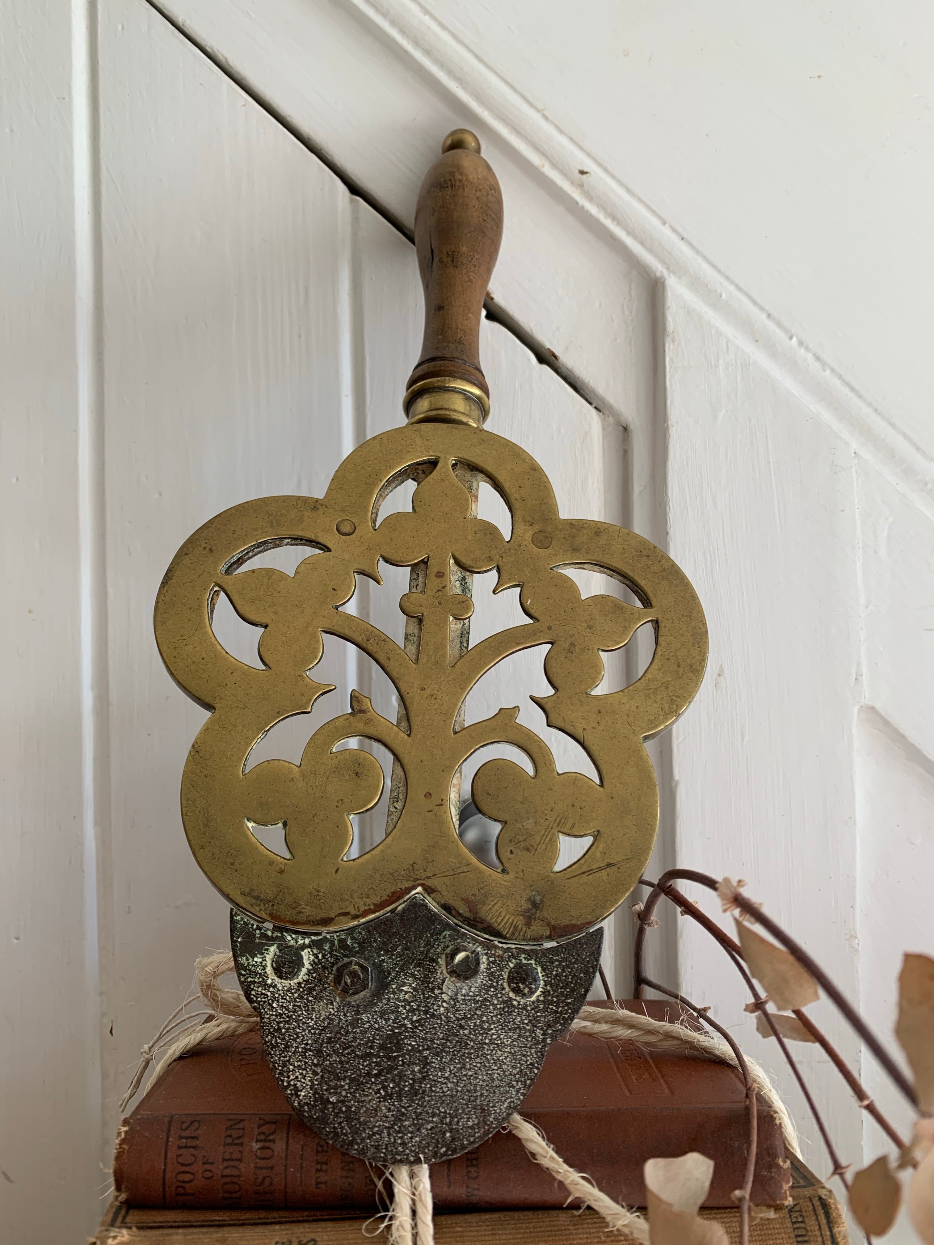 Antique Brass Clip On Trivet with Wooden Handle
