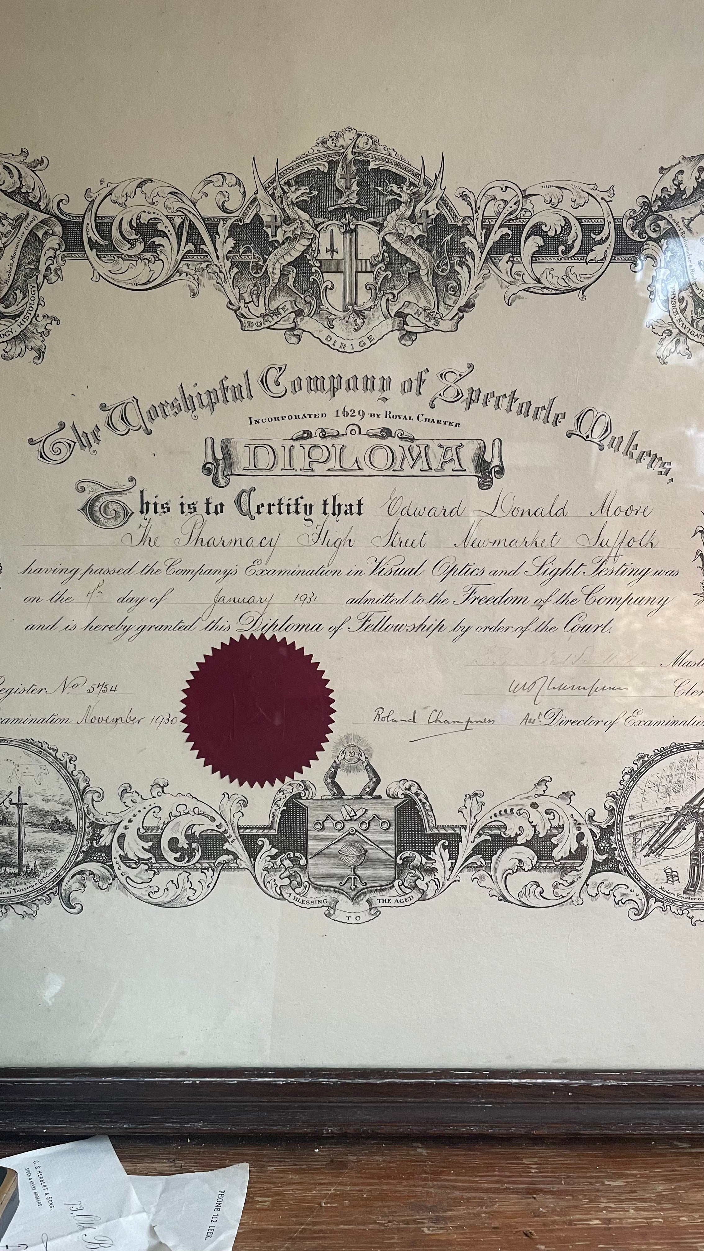 Large Framed 1930s Diploma from “The Worshipful Company of Spectacle Makers”