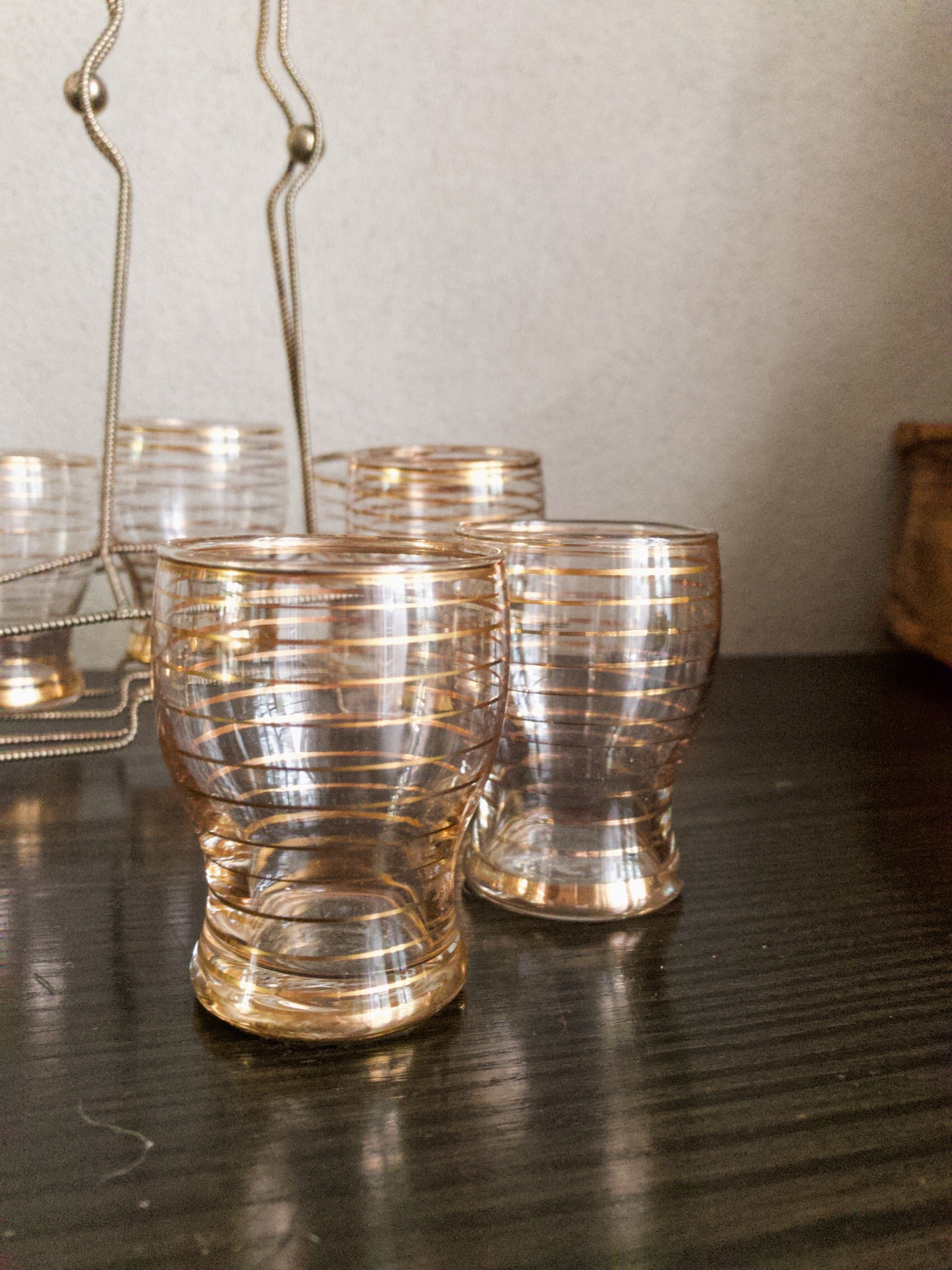Midcentury Gold Shot Glasses with stand