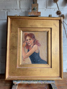 Lady with Red Hair: Midcentury Framed Oil on Board