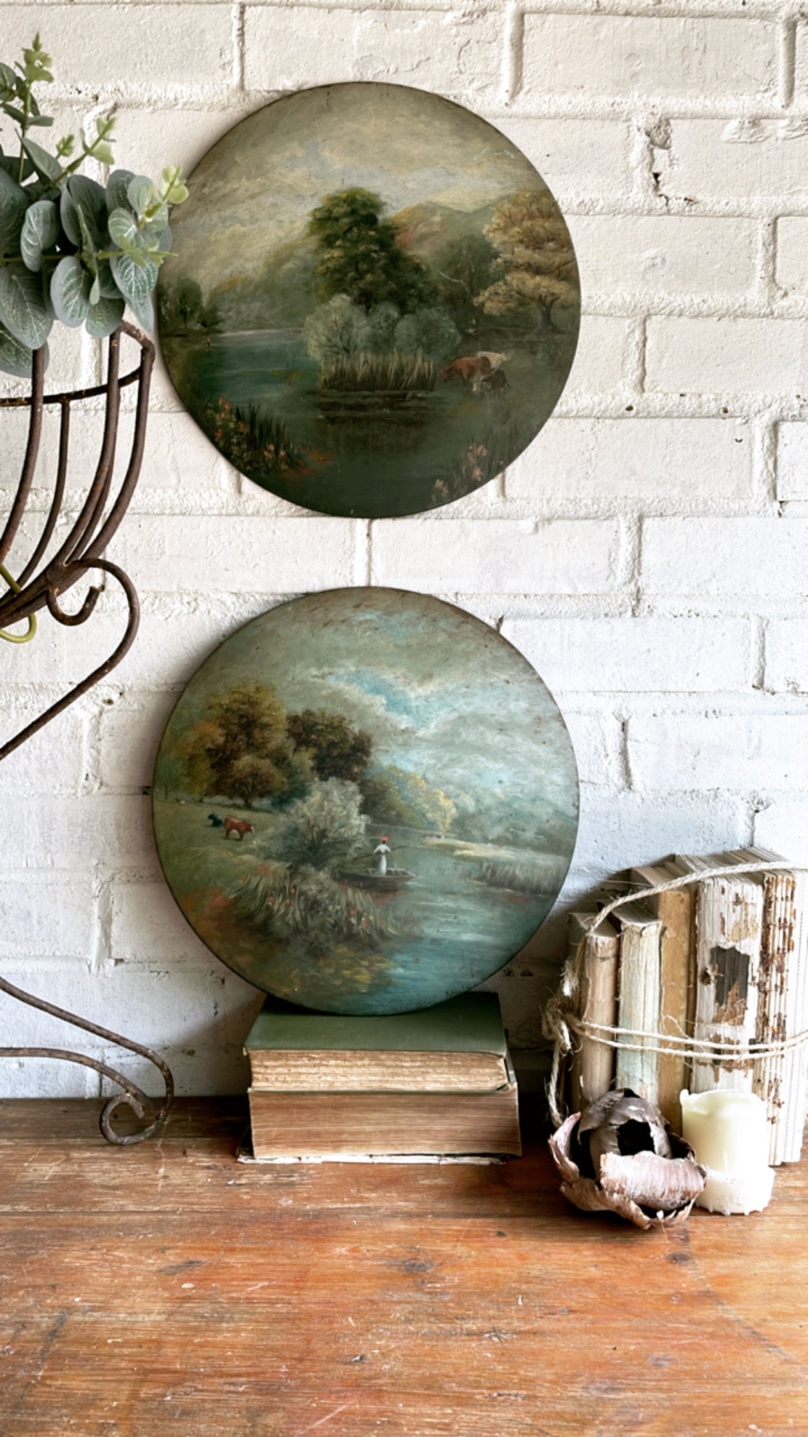 Pair of Antique Oil Paintings on Circular Tin
