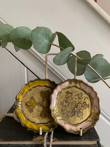 Set of Two Vintage Italian Florentine Coasters - Pink & Yellow