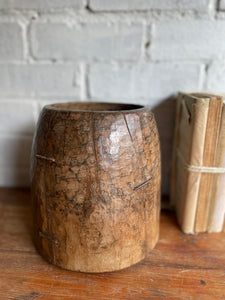 19th Century Indian Hand-Carved Wood Grain Measure Pot