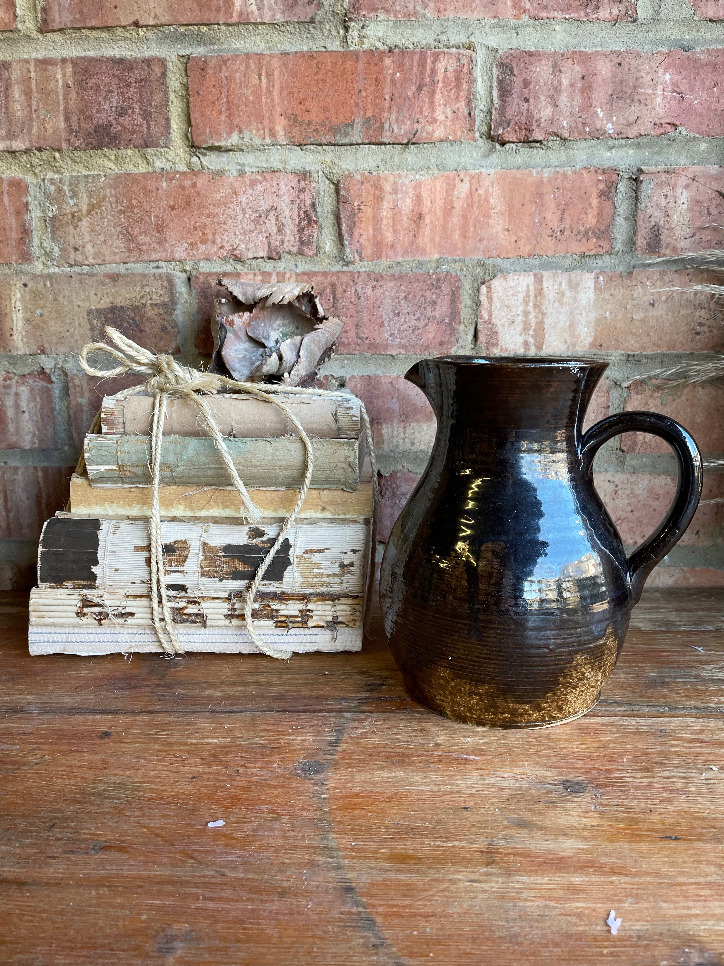 French Glazed Ceramic Jug in Chocolate Brown Hues
