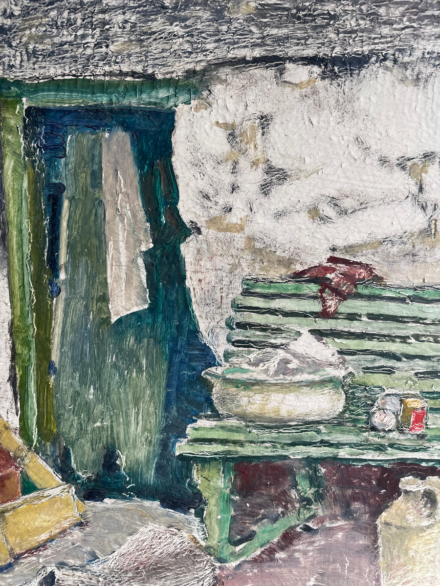 Still Life with a Bench: Beautiful Oil on Board – Reclectic