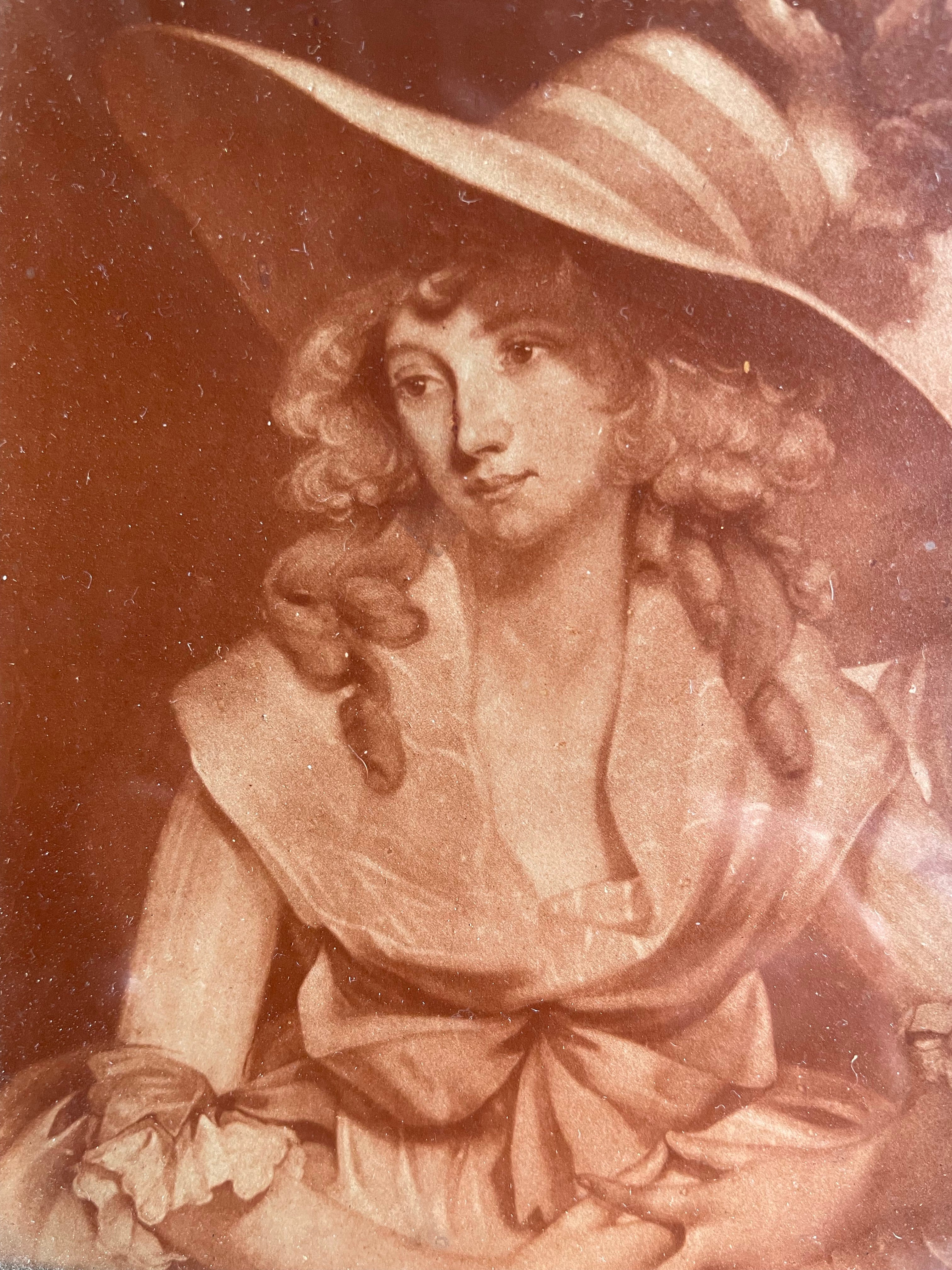 Pair of Tiny 18th Century Framed Mezzotint of Ladies in Hats