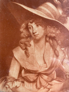 Pair of Tiny 18th Century Framed Mezzotint of Ladies in Hats