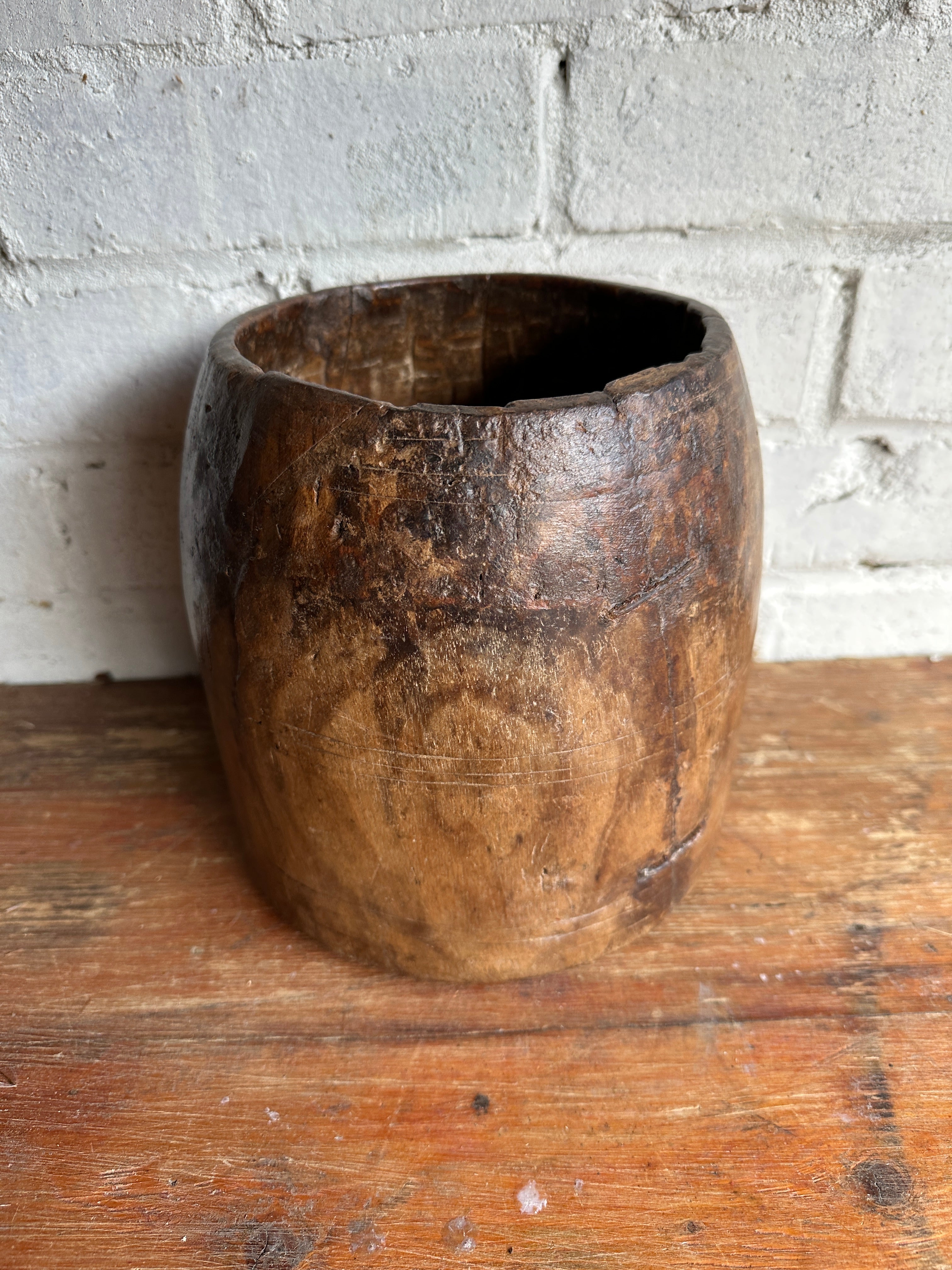 19th Century Indian Hand-Carved Wood Grain Measure Pot