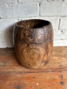 19th Century Indian Hand-Carved Wood Grain Measure Pot