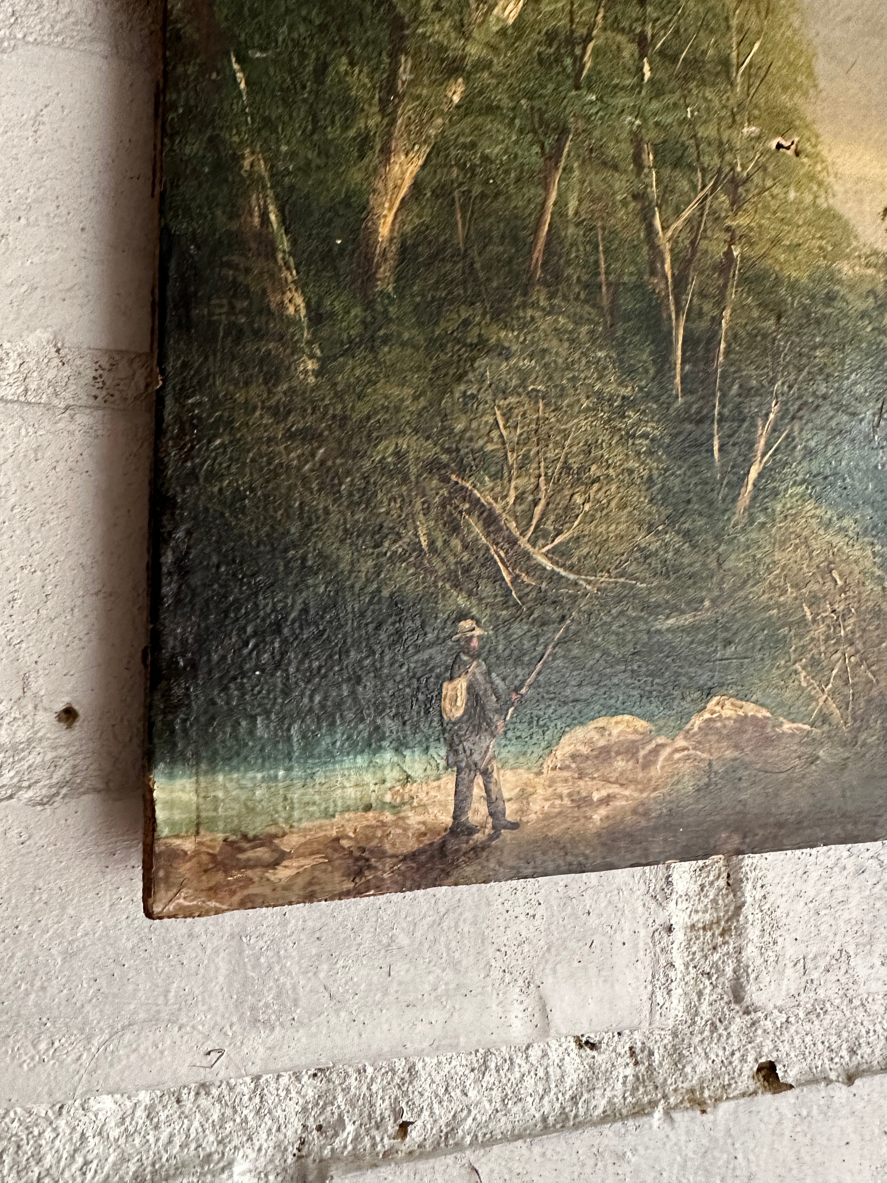 Small 19th Century Landscape with Fisherman: Unframed Oil on Canvas