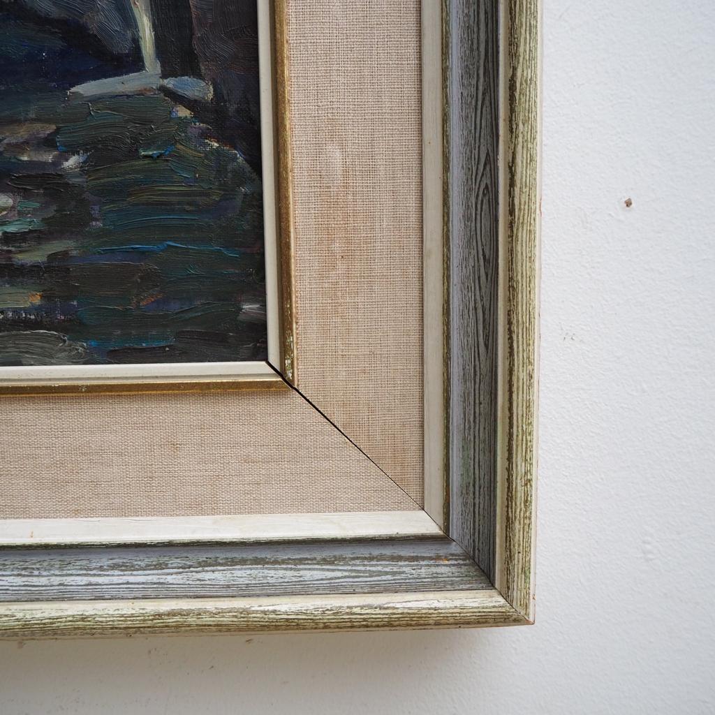 Midcentury Abstract Oil Painting: A Glimpse of a Village