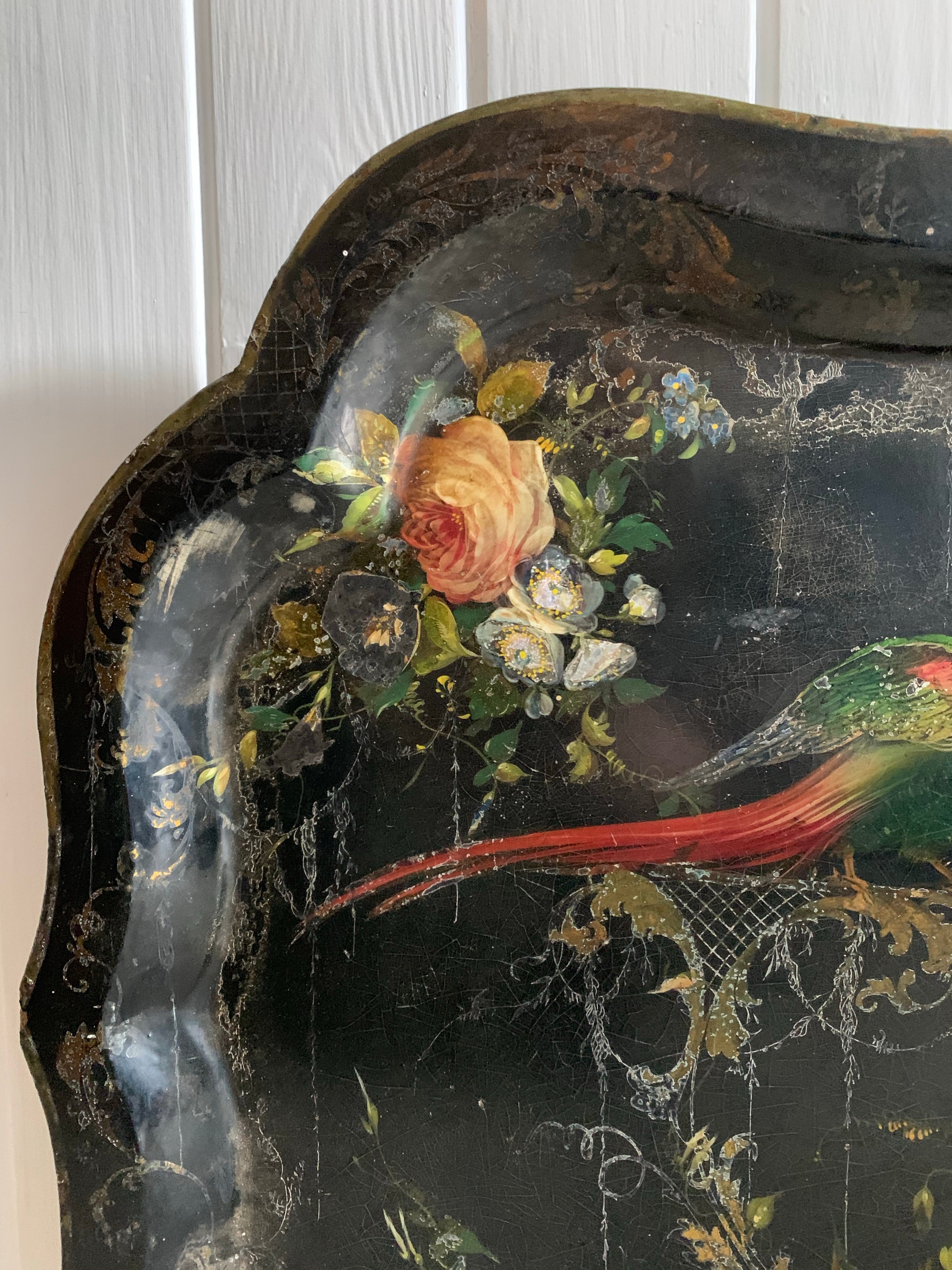 Oversized 19th Century Papier Mache Tray with Parrots & Mother of Pearl