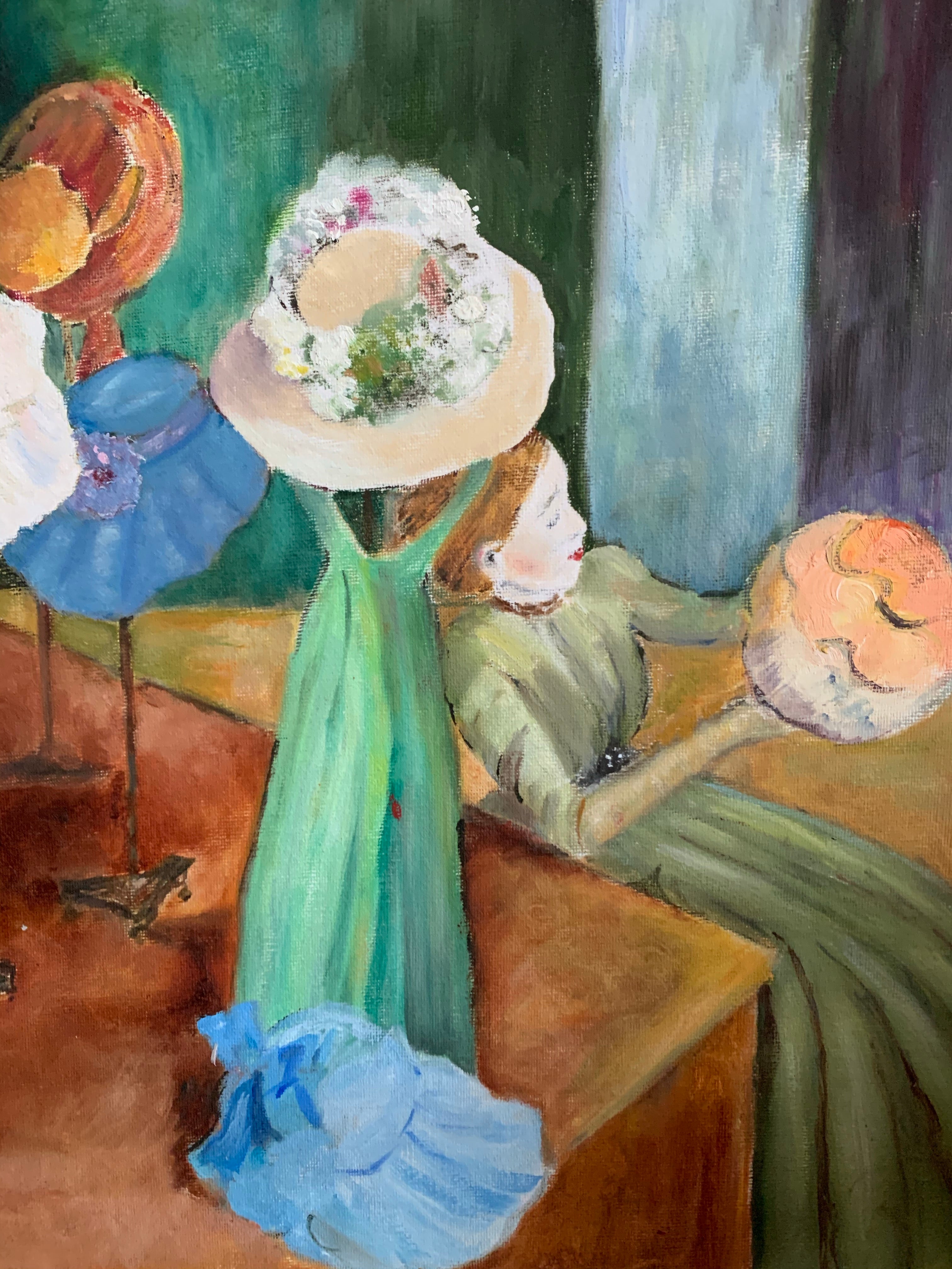 Lady in Milliners Shop: Vintage Oil on Board