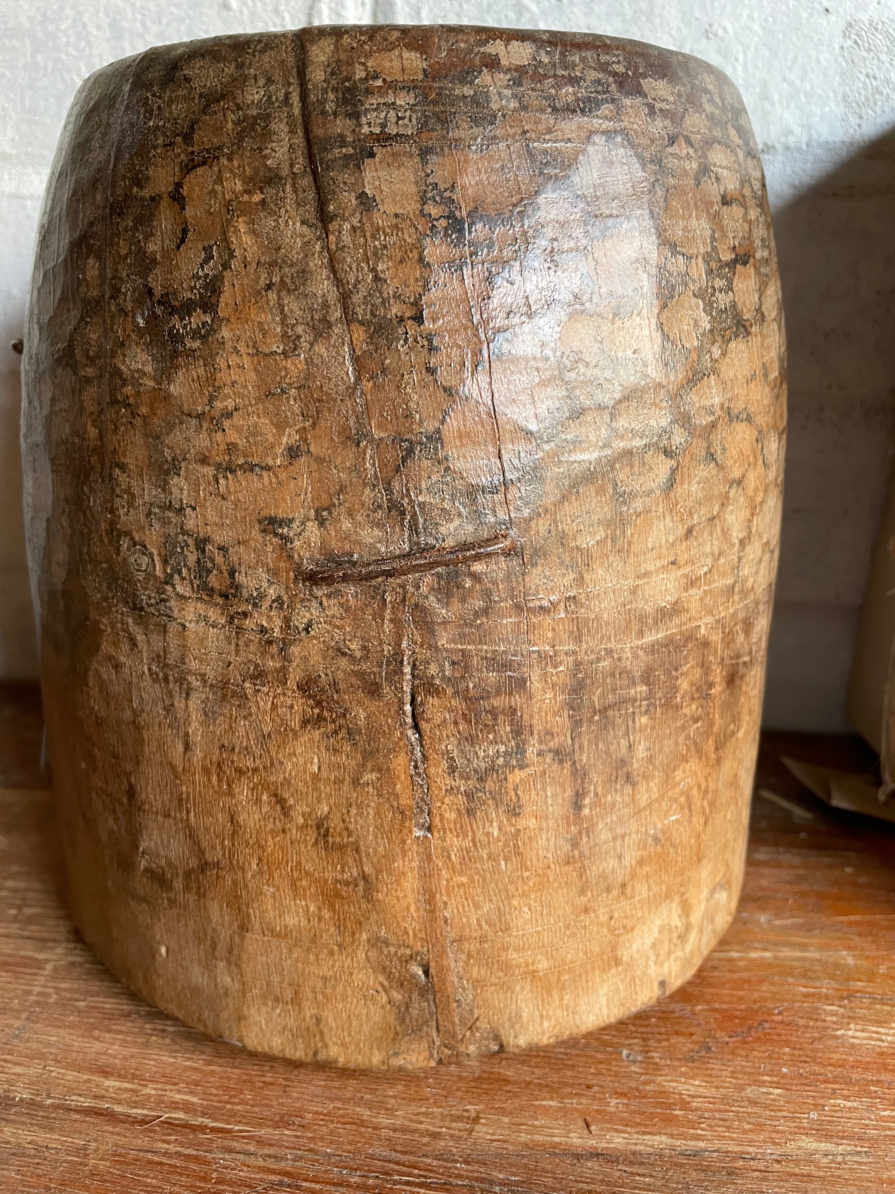 19th Century Indian Hand-Carved Wood Grain Measure Pot