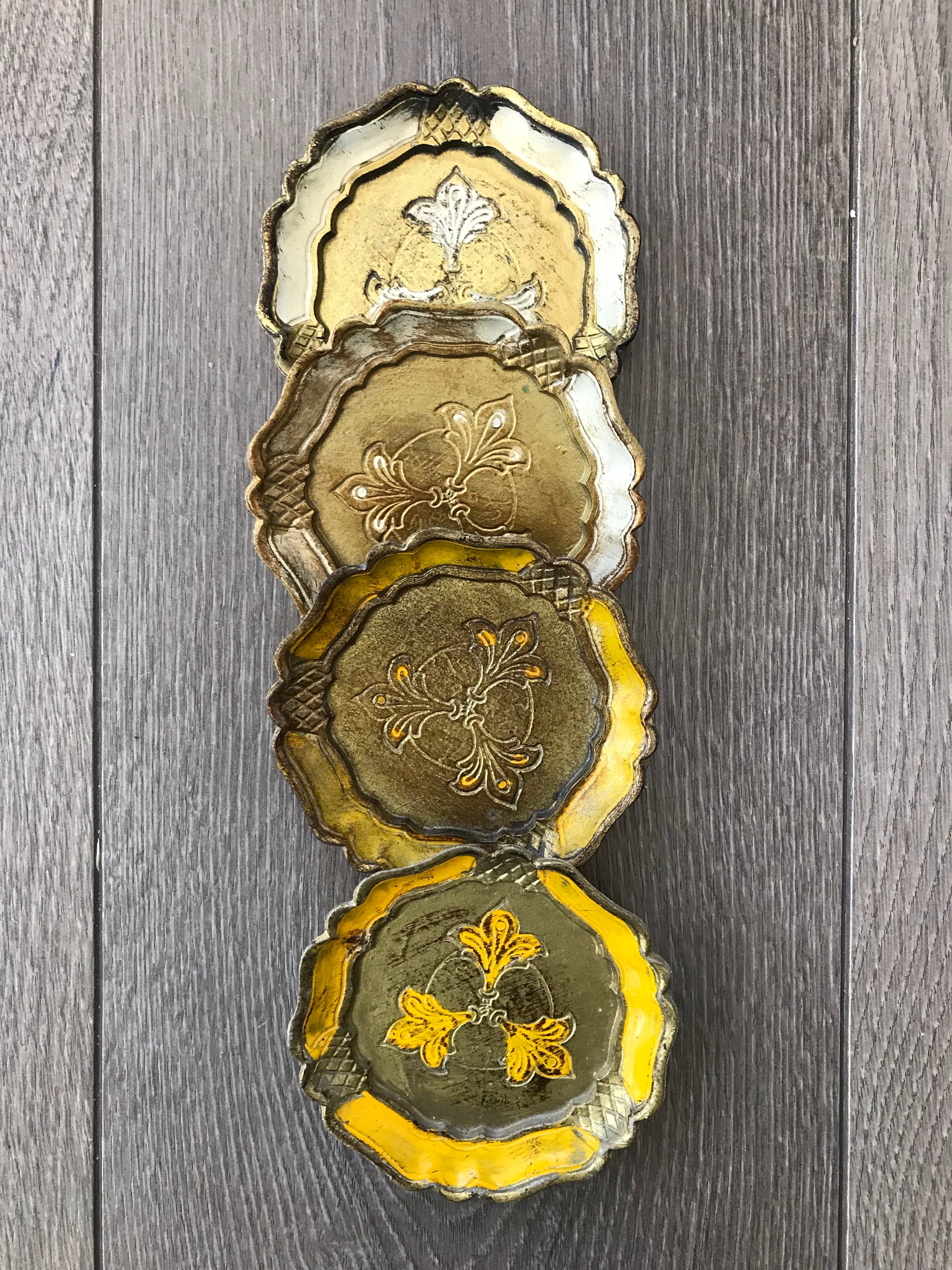 Set of Four Vintage Italian Florentine Coasters - Gold, white and yellow.