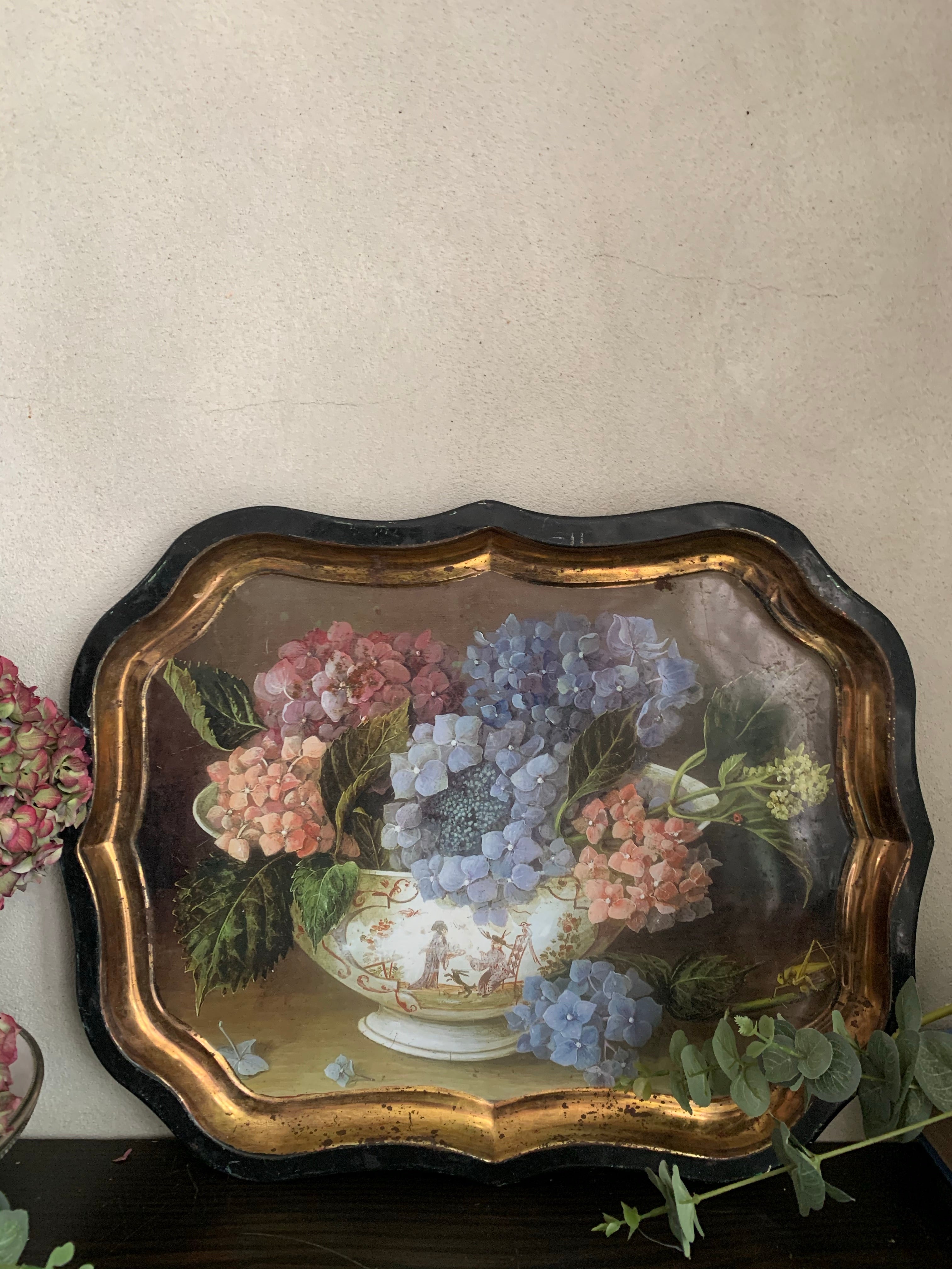 Large Decorative Tin Tray with Hydrangeas