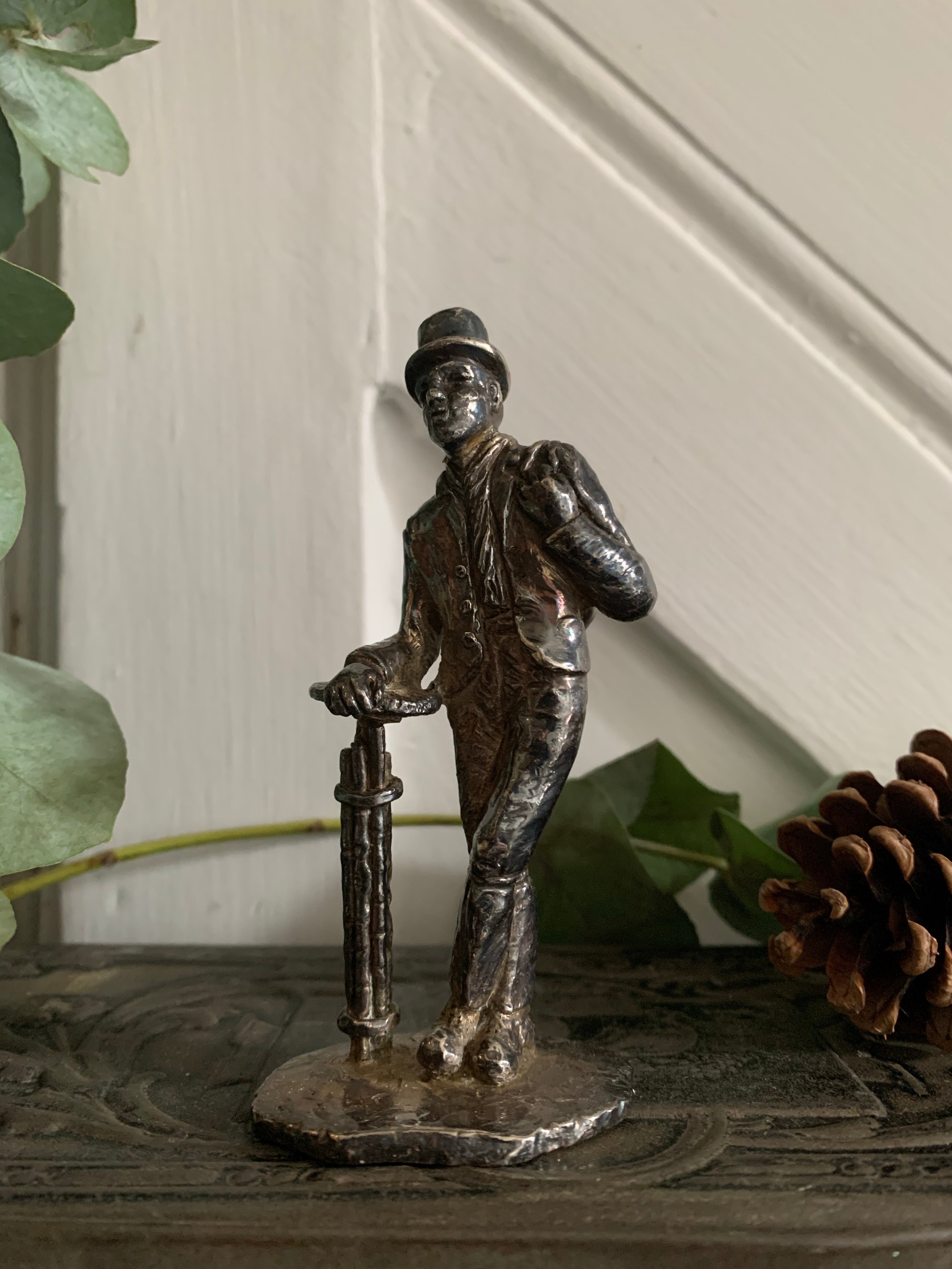 Little English Pewter Figurine -Man with Hat and Bag