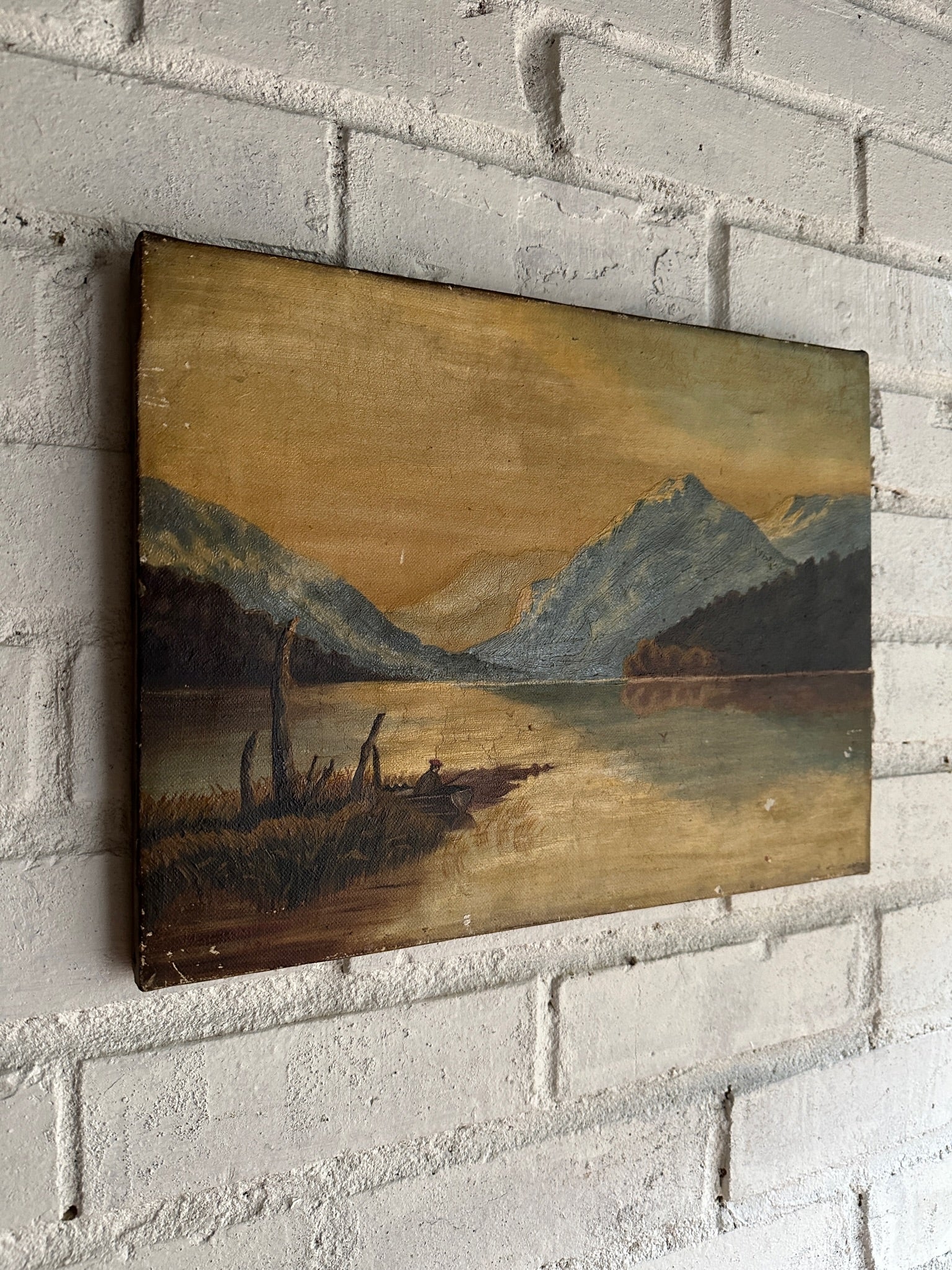 19th Century Fisherman and Ochre Sky: Oil on Canvas Signed and Dated 1876