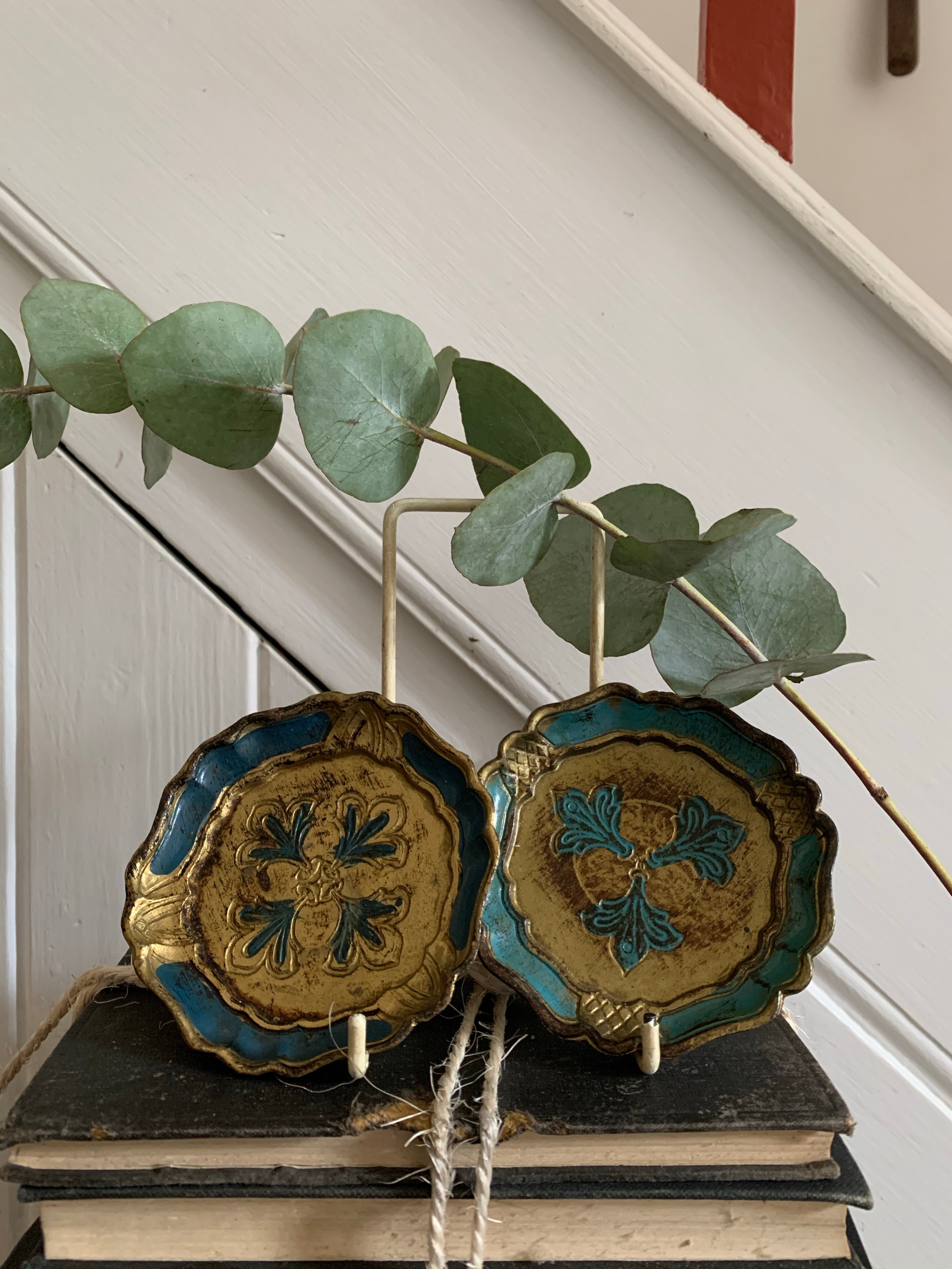 Set of Two Vintage Italian Florentine Coasters - Blue