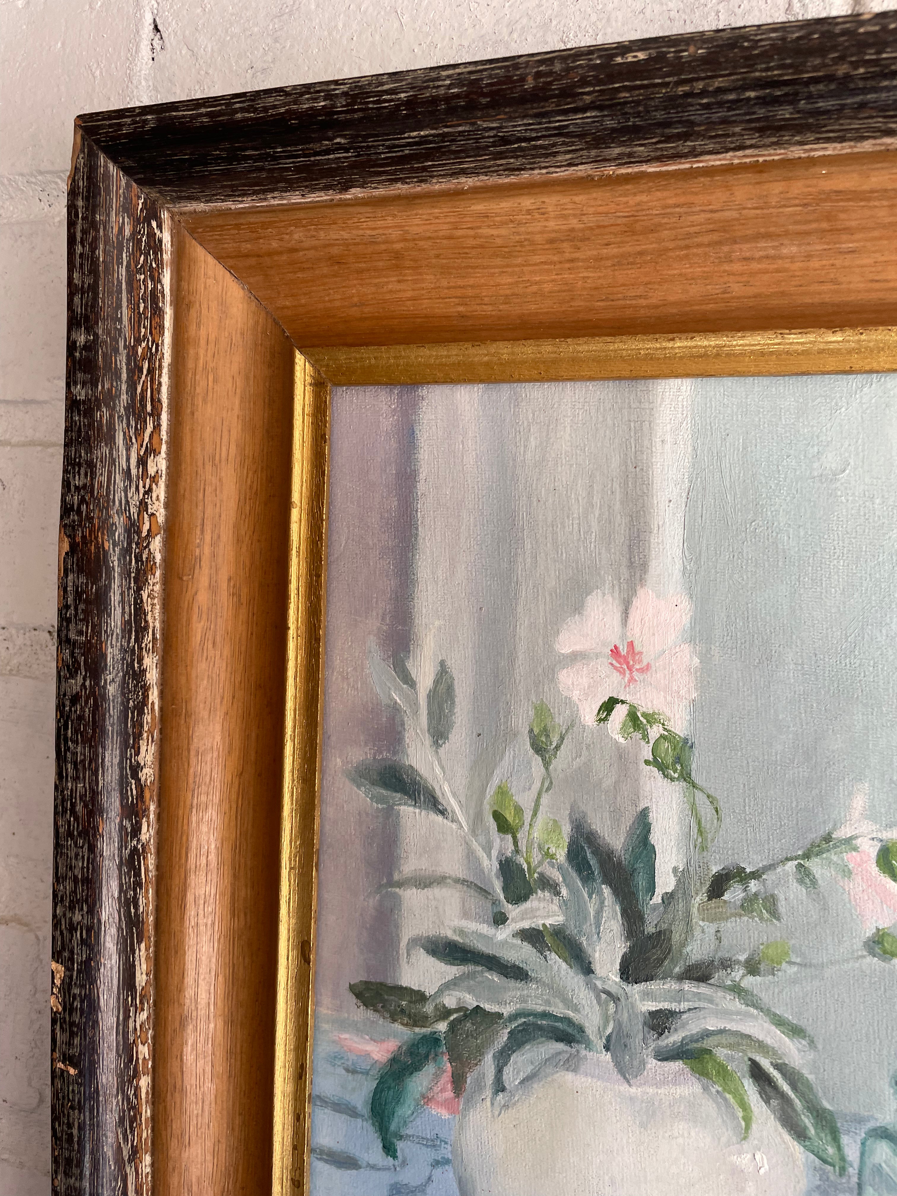 Still-Life Oil Painting with Floral Tablecloth
