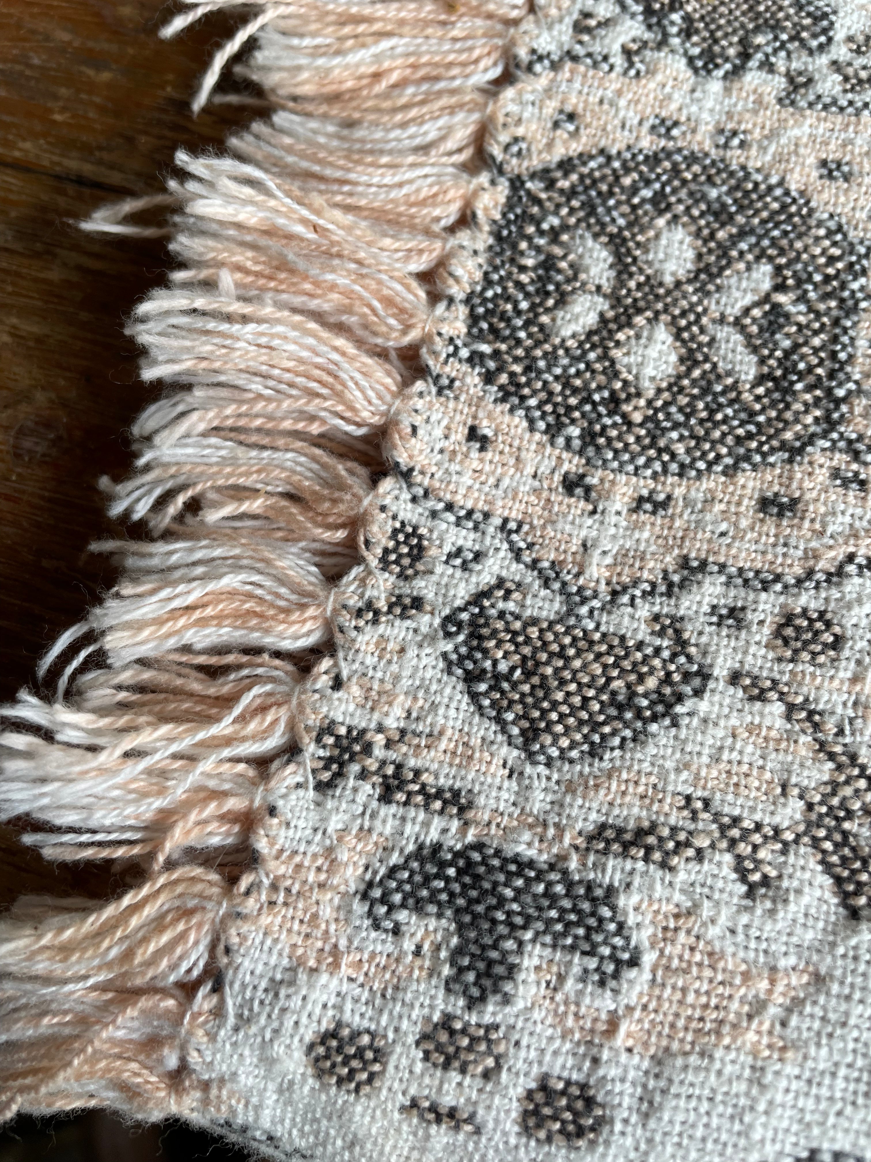 Coral Pink and Grey Embroidered Throw with Fringing