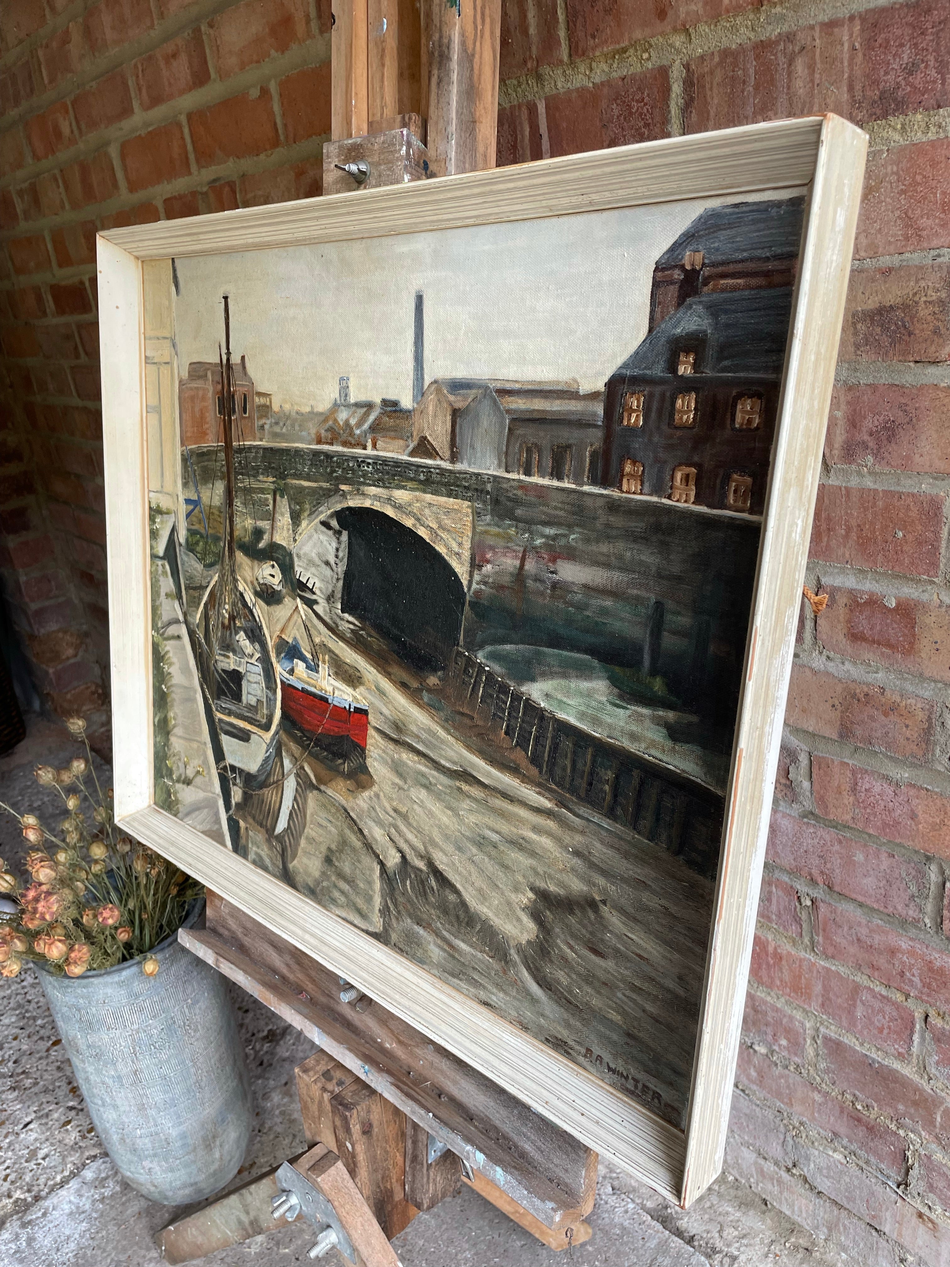 Boats and Bridge: Midcentury Oil on Board