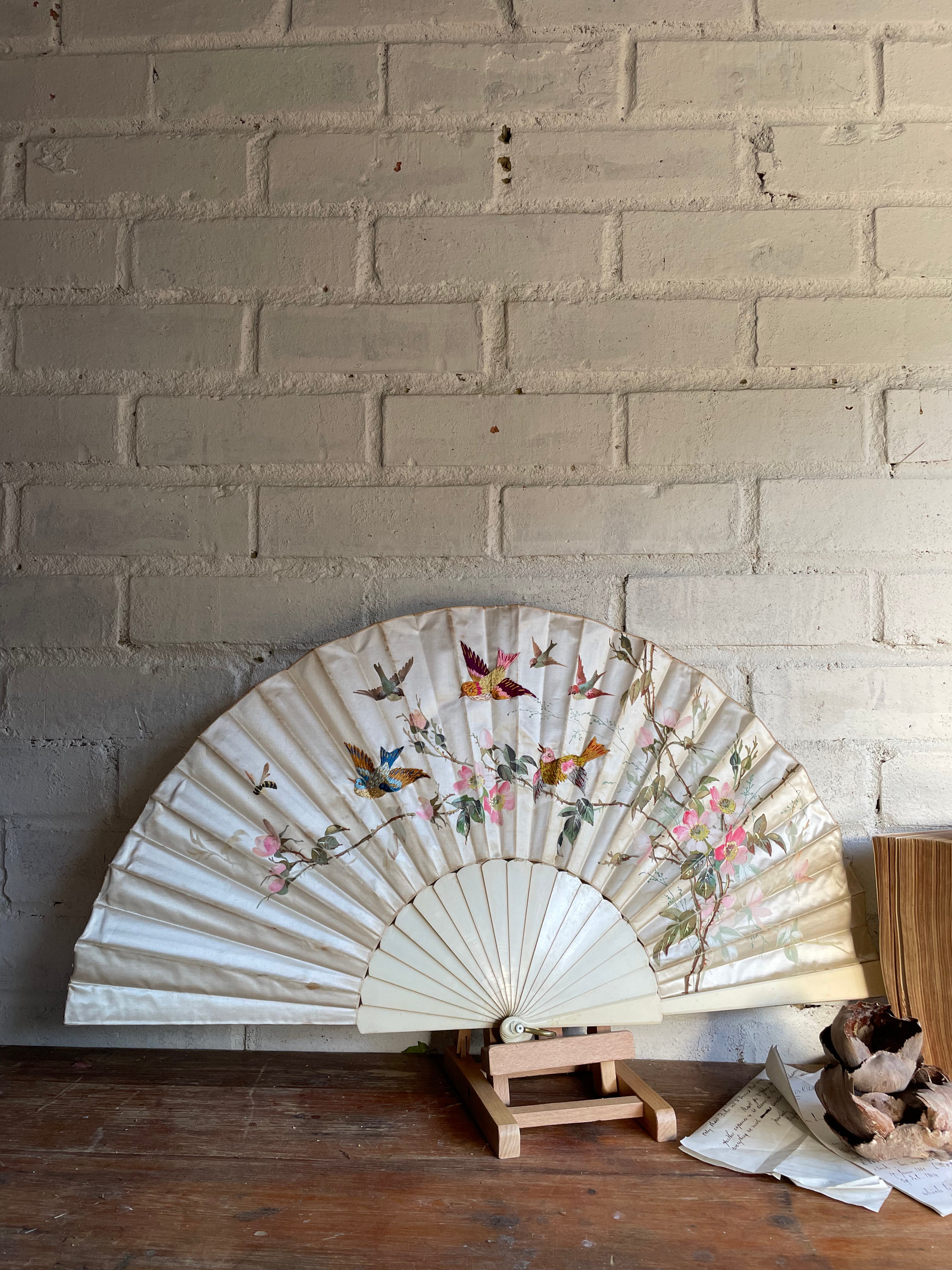19th Century Hand Embroidered, Painted Silk Fan