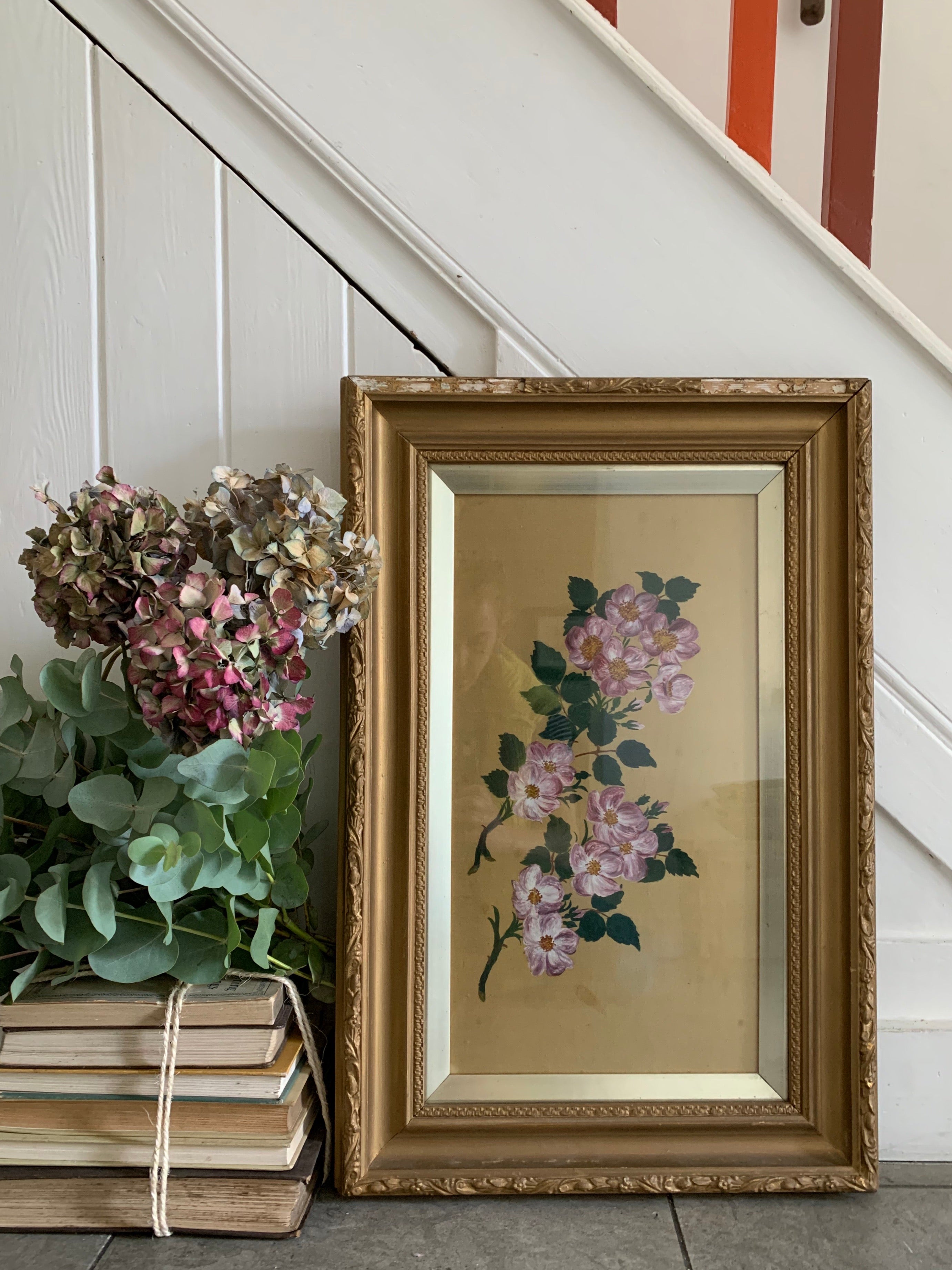 Floral Painting on Silk with Gilt Frame