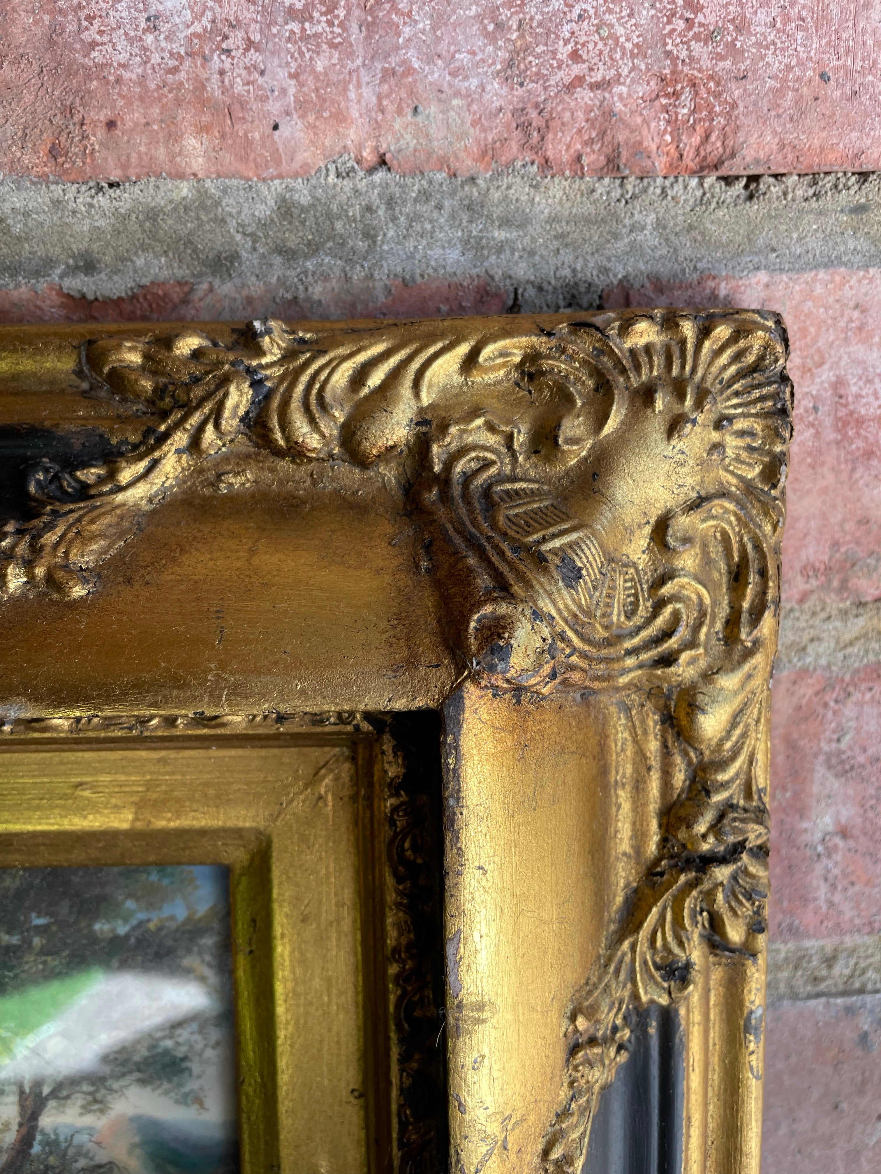Small Antique Landscape on Board with Gilt & Black Frame