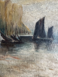 Muted Seascape with Lighthouse: Small Framed Oil on Board