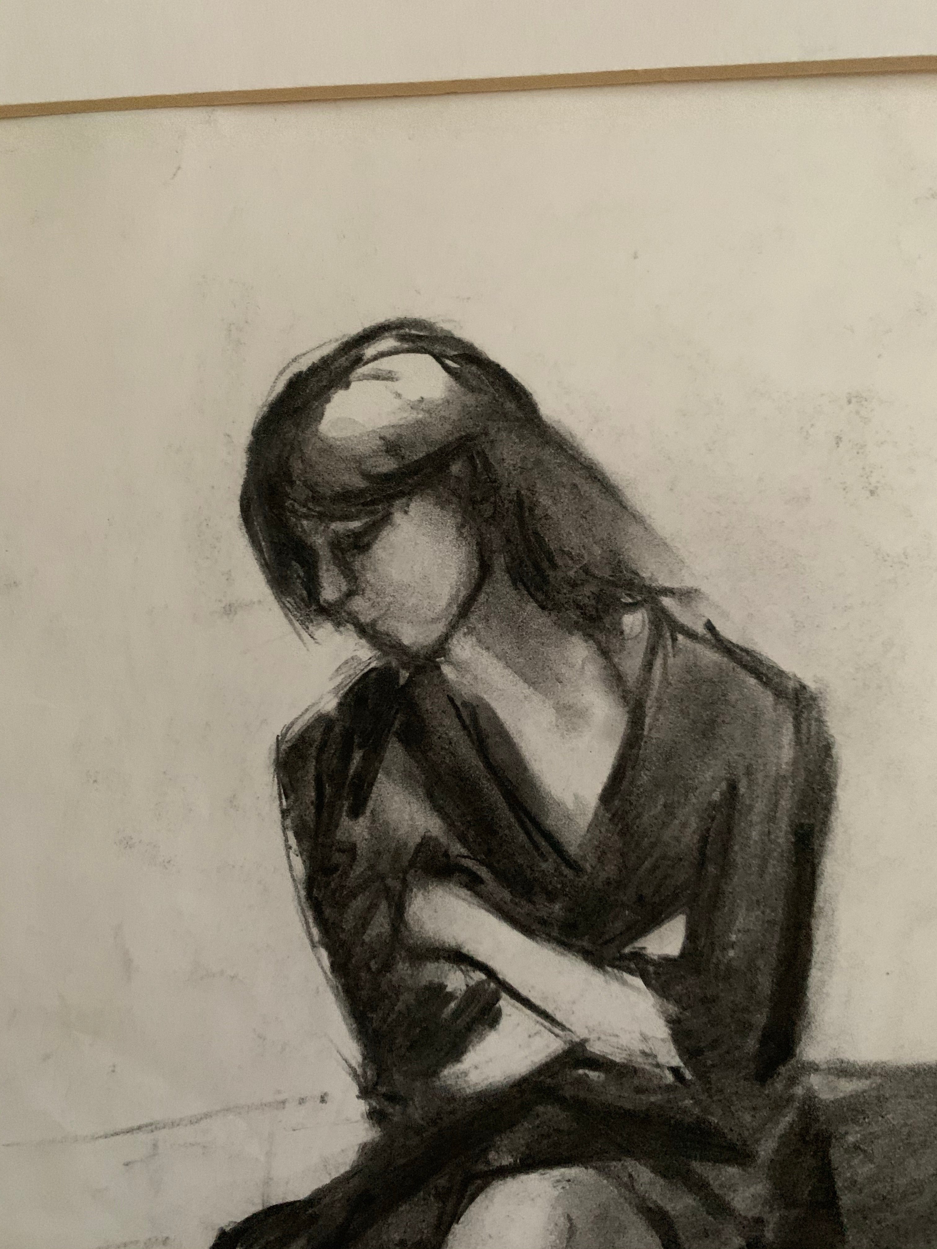 Original Charcoal Portrait - Woman with crossed arms & legs