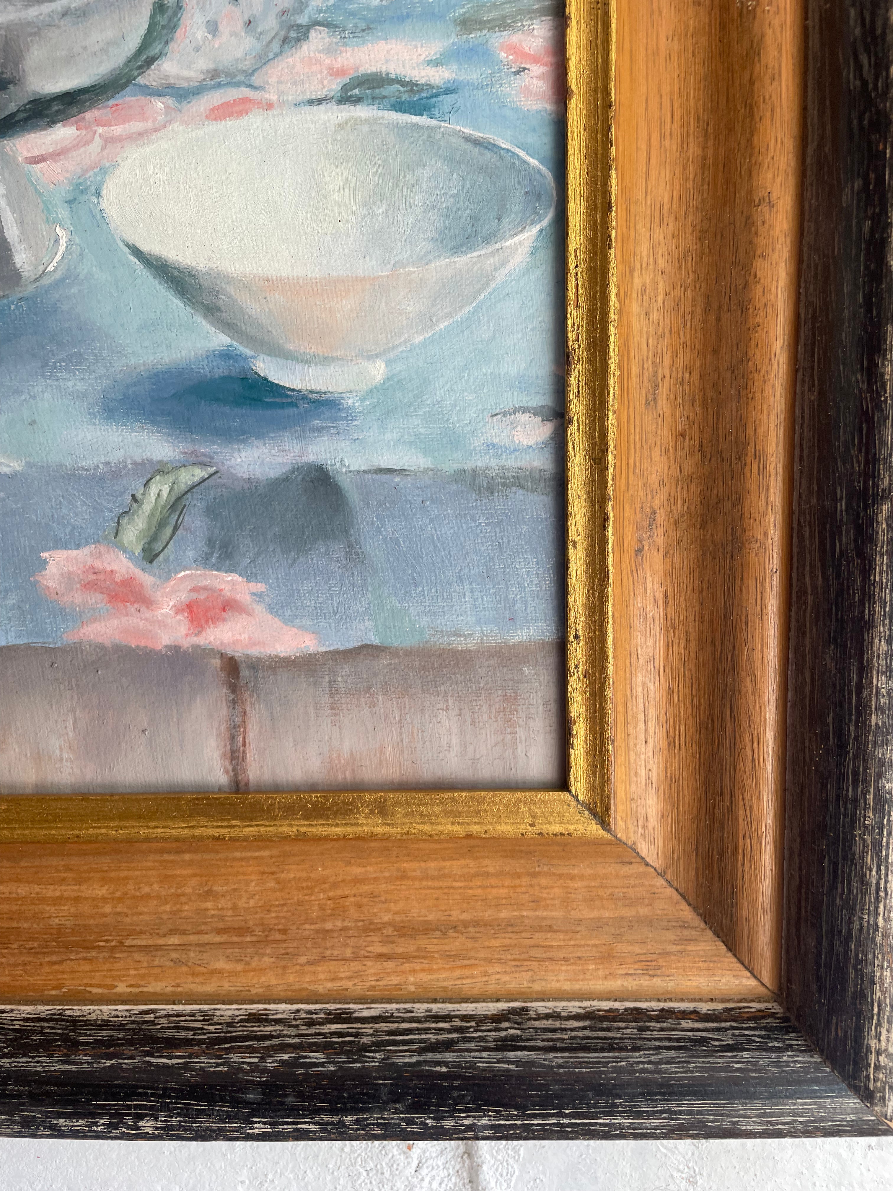 Still-Life Oil Painting with Floral Tablecloth