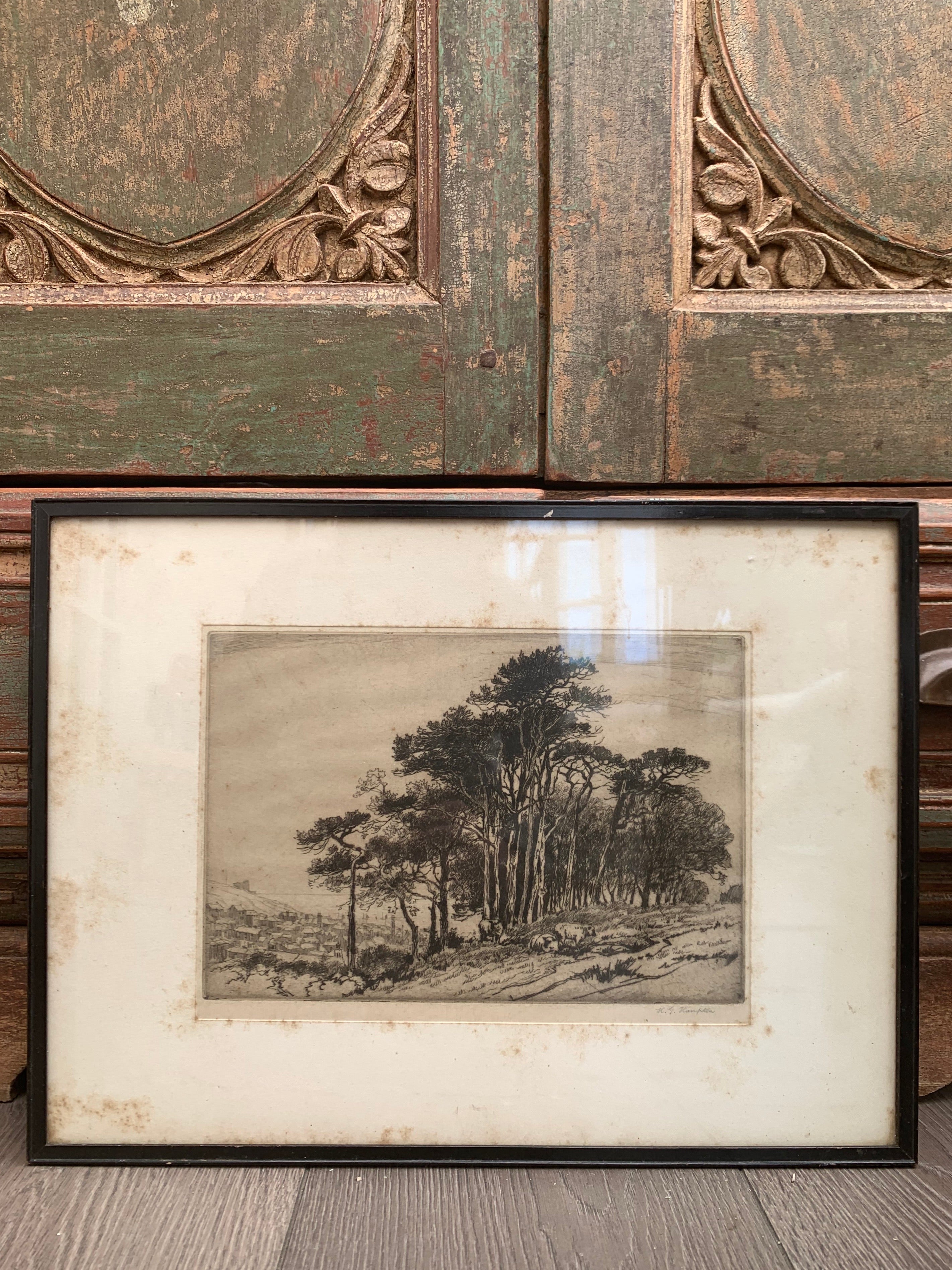 Antique Etching of Animals Sheltering under Trees