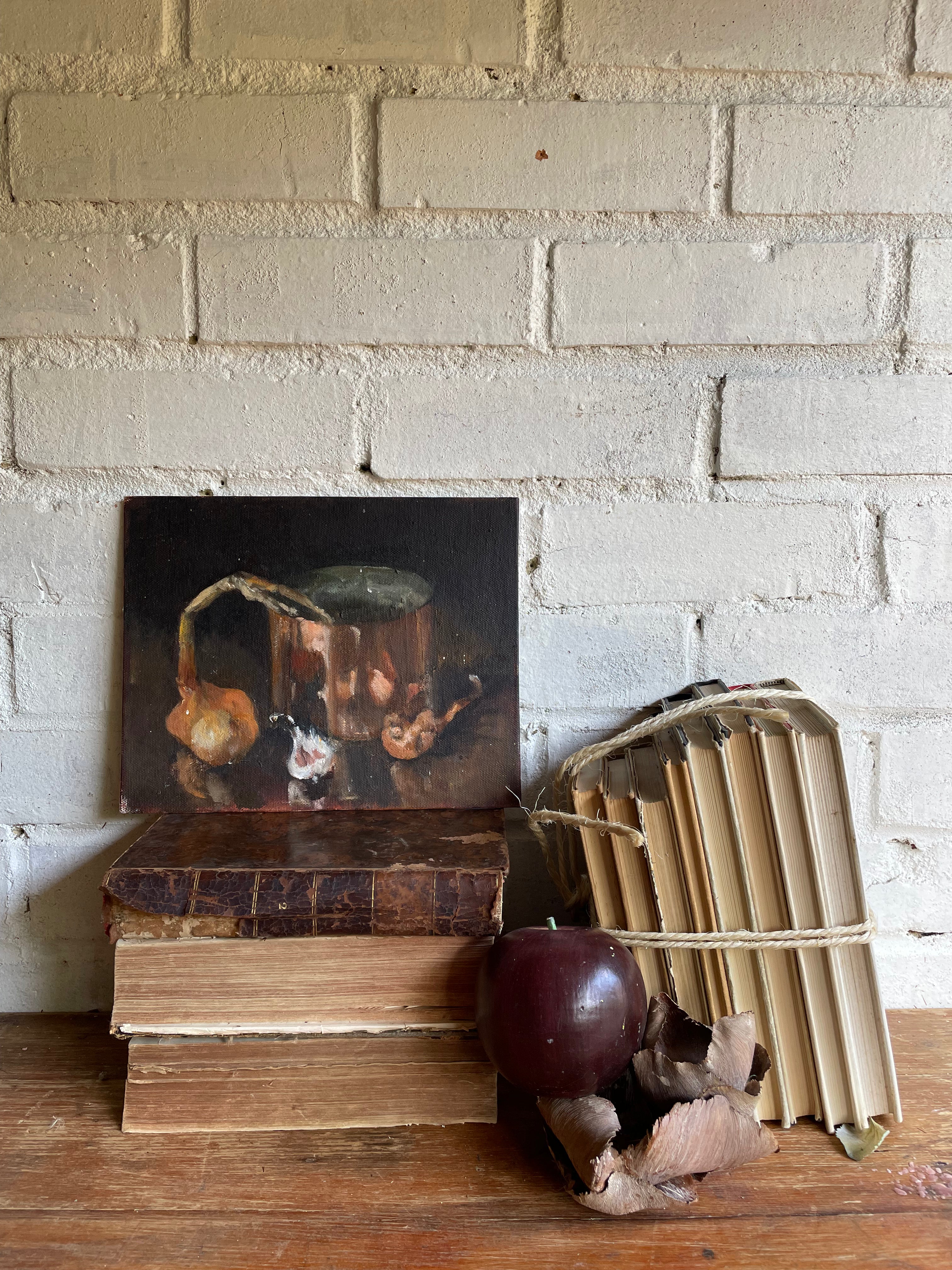 Moody Still Life with Copper Pot: Small Oil on Board