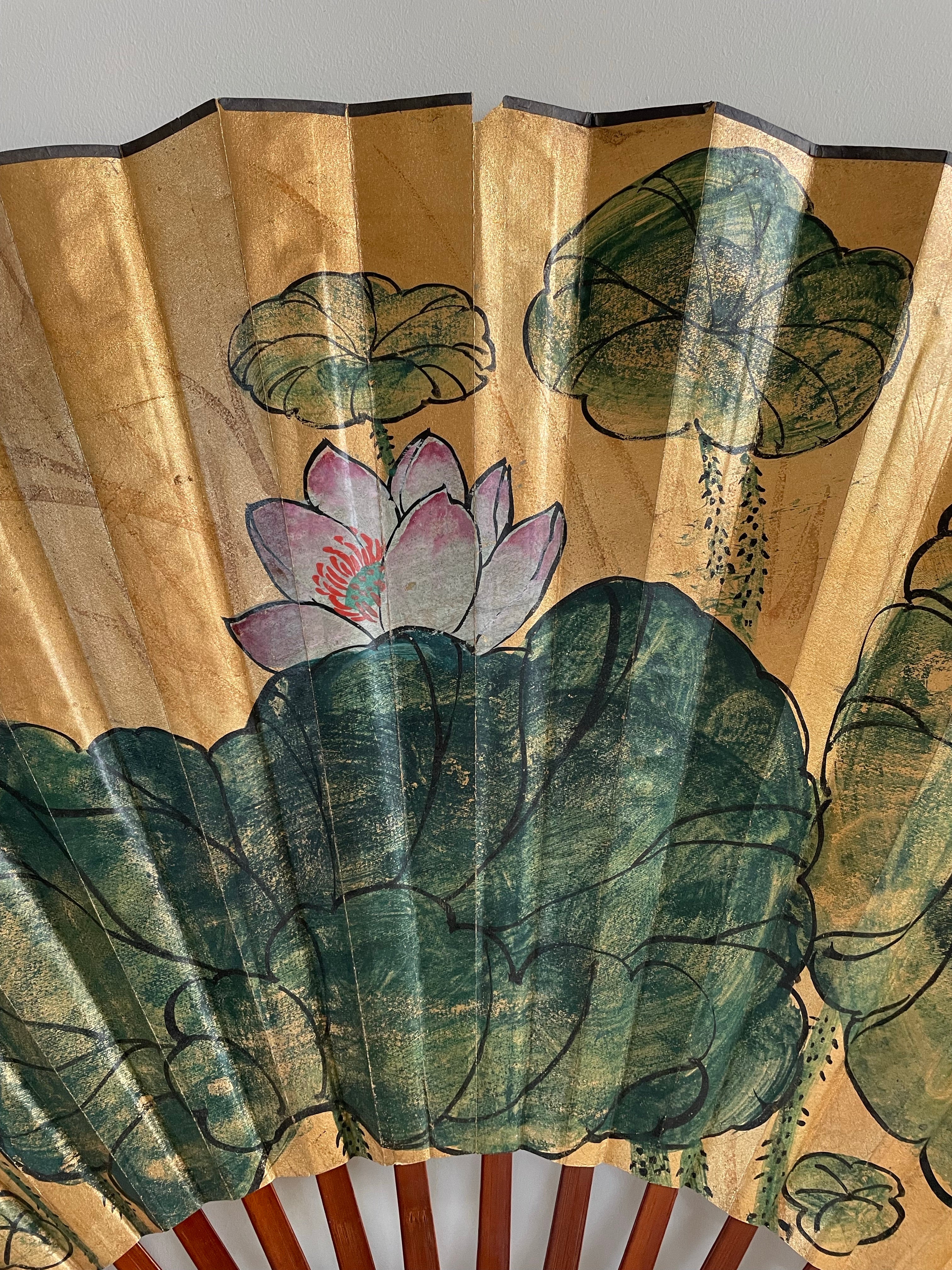 Large Vintage Chinese Handpainted Silk Fan for Wall Decor