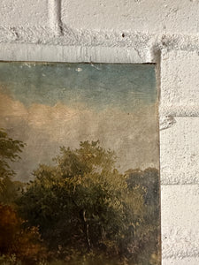 19th Century Landscape with Woman & Dog: Unframed Oil on Canvas