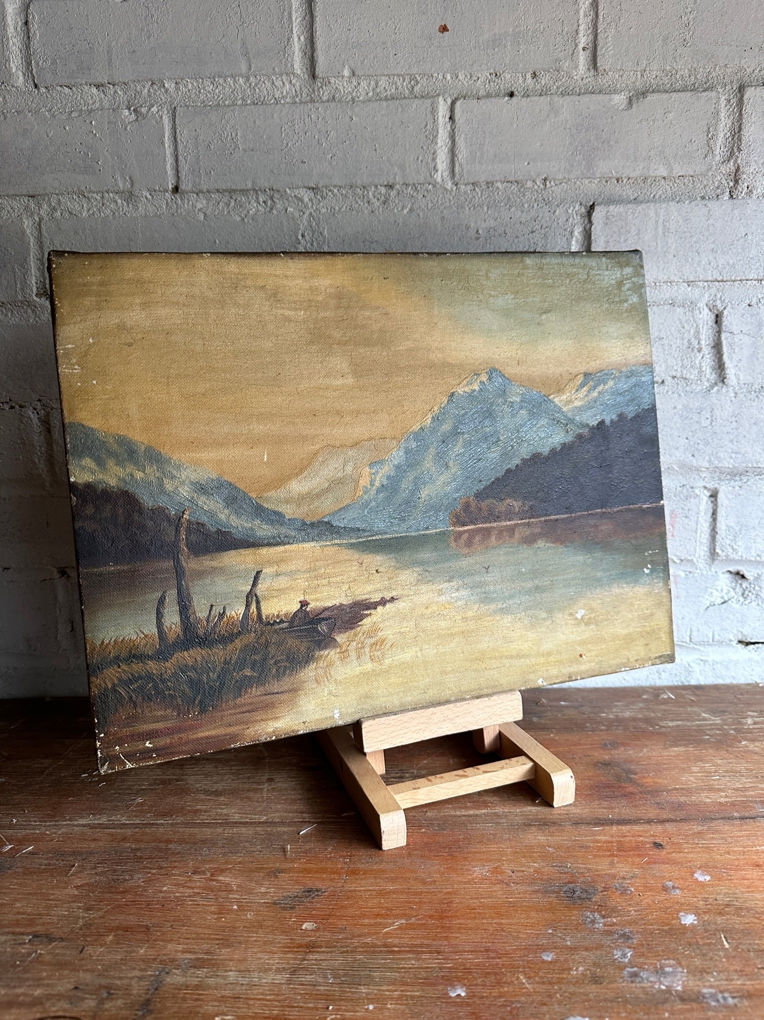19th Century Fisherman and Ochre Sky: Oil on Canvas Signed and Dated 1876