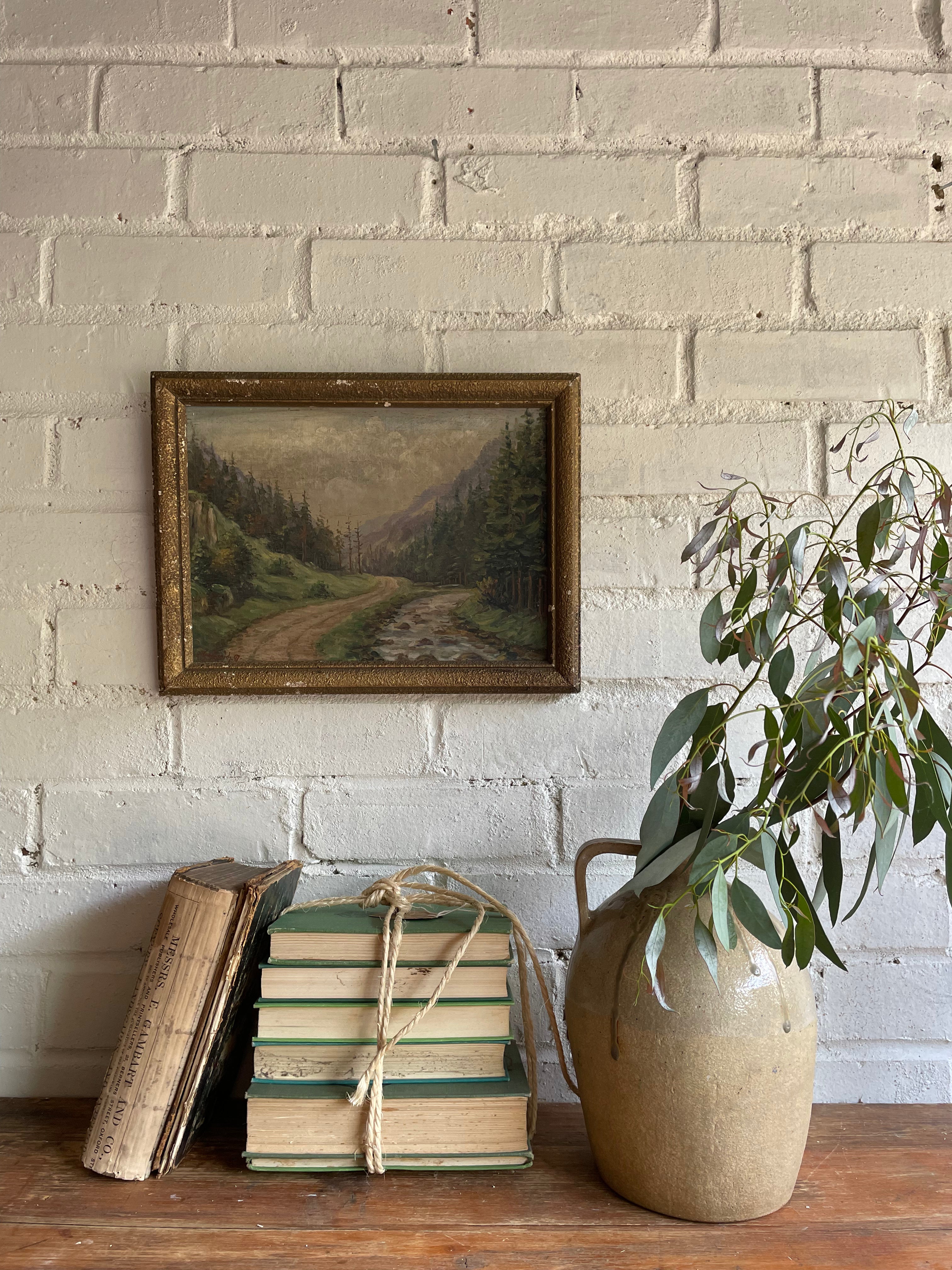 A Welsh Stream: Small Antique Signed Oil on Wood
