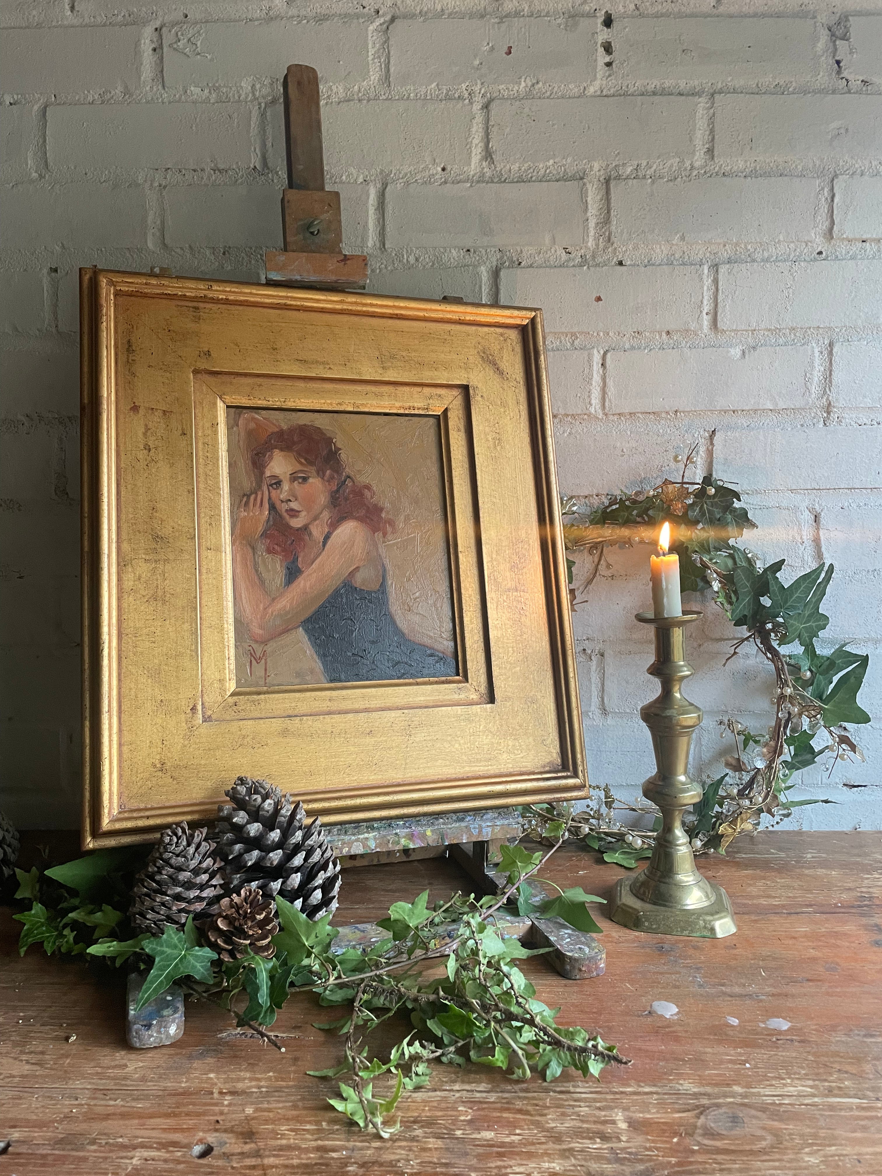 Lady with Red Hair: Midcentury Framed Oil on Board