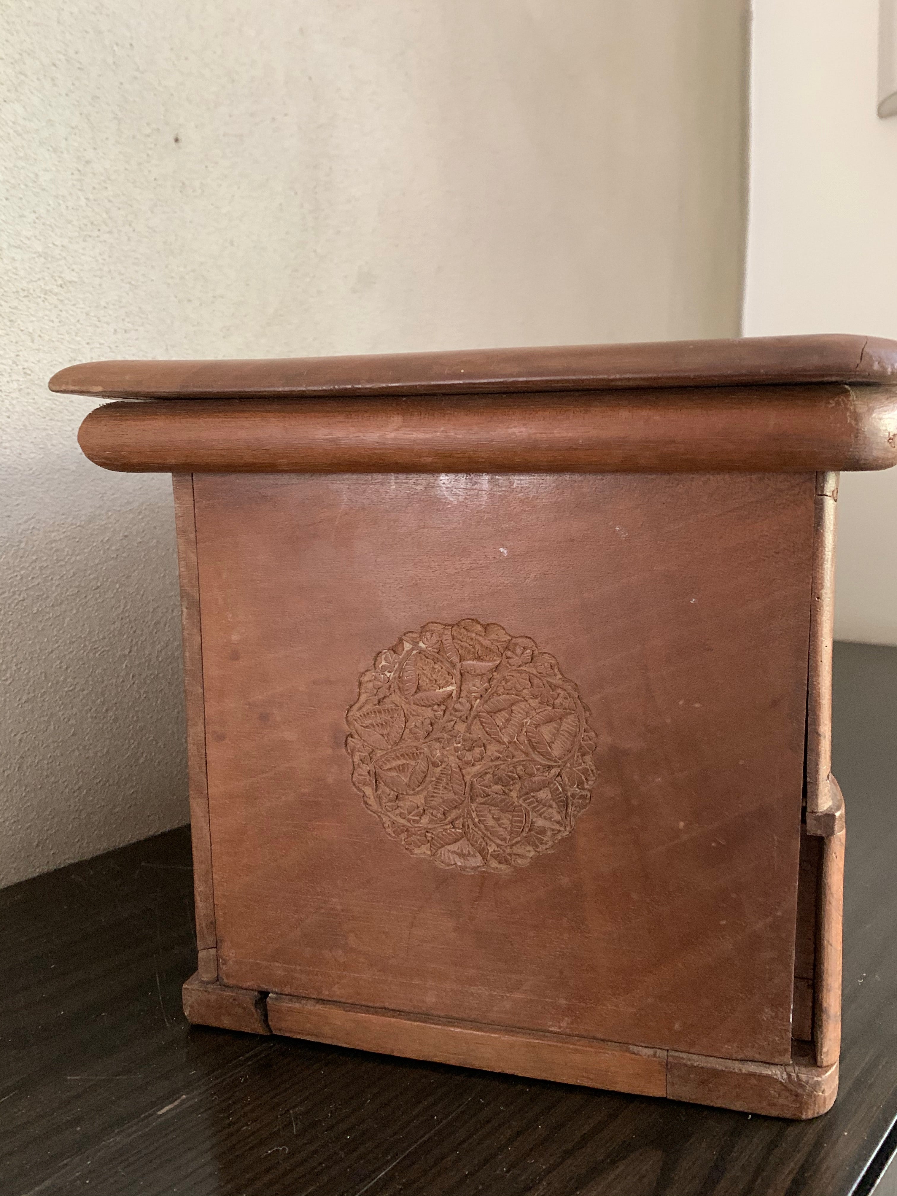 Old Carved Wooden Box with Drawers and decorative motifs