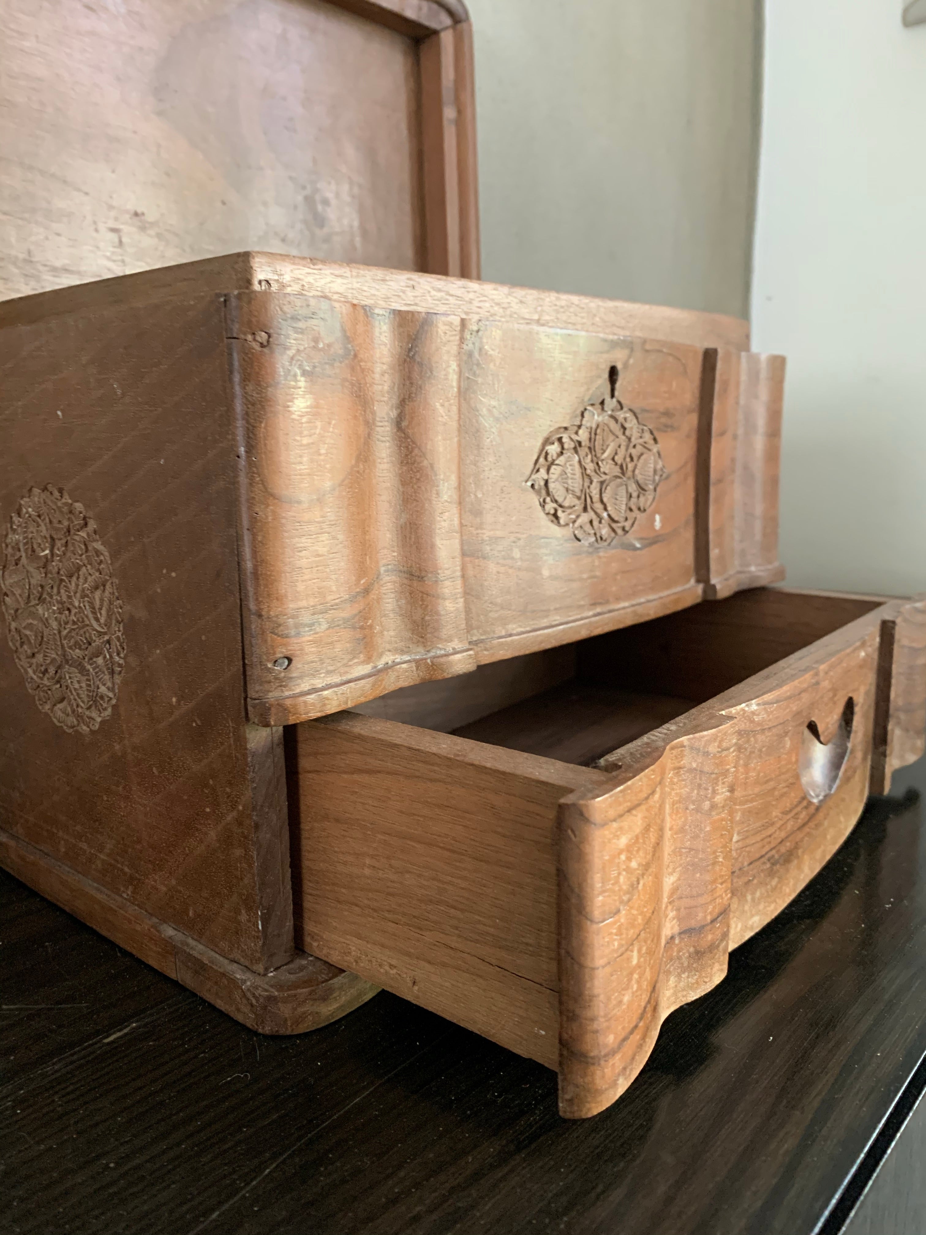 Old Carved Wooden Box with Drawers and decorative motifs