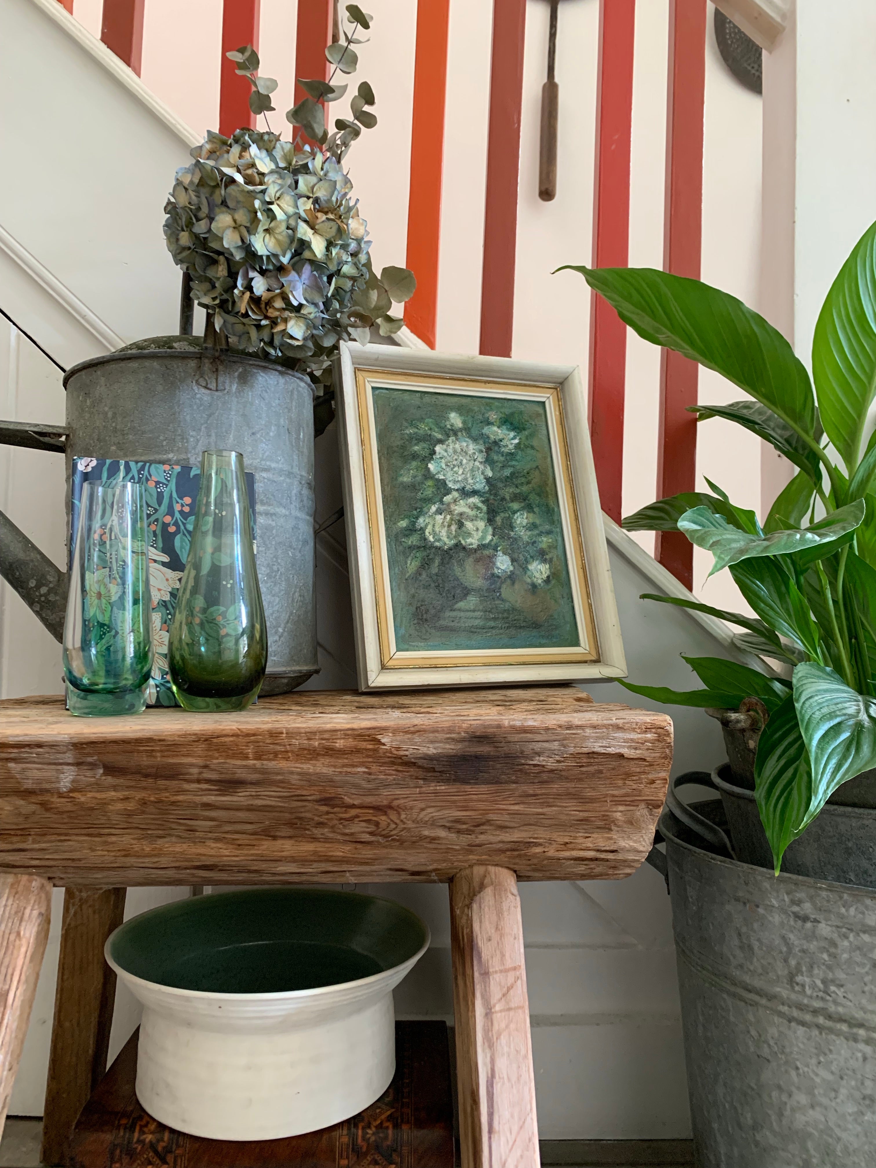 Small Vintage Floral Oil  in shades of green