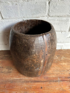 19th Century Indian Hand-Carved Wood Grain Measure Pot