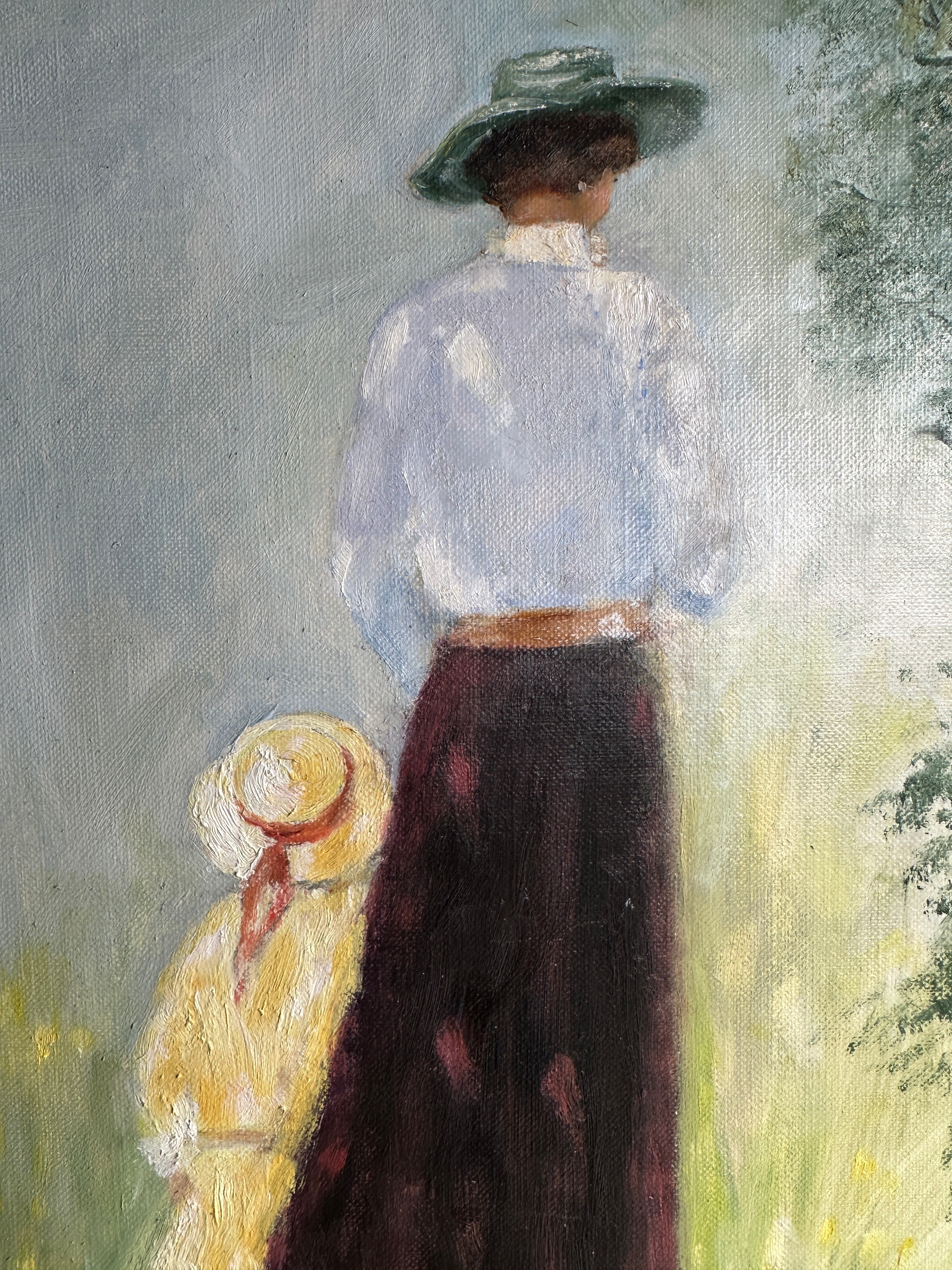 Edwardian Lady & Girl: Unframed Oil on Canvas