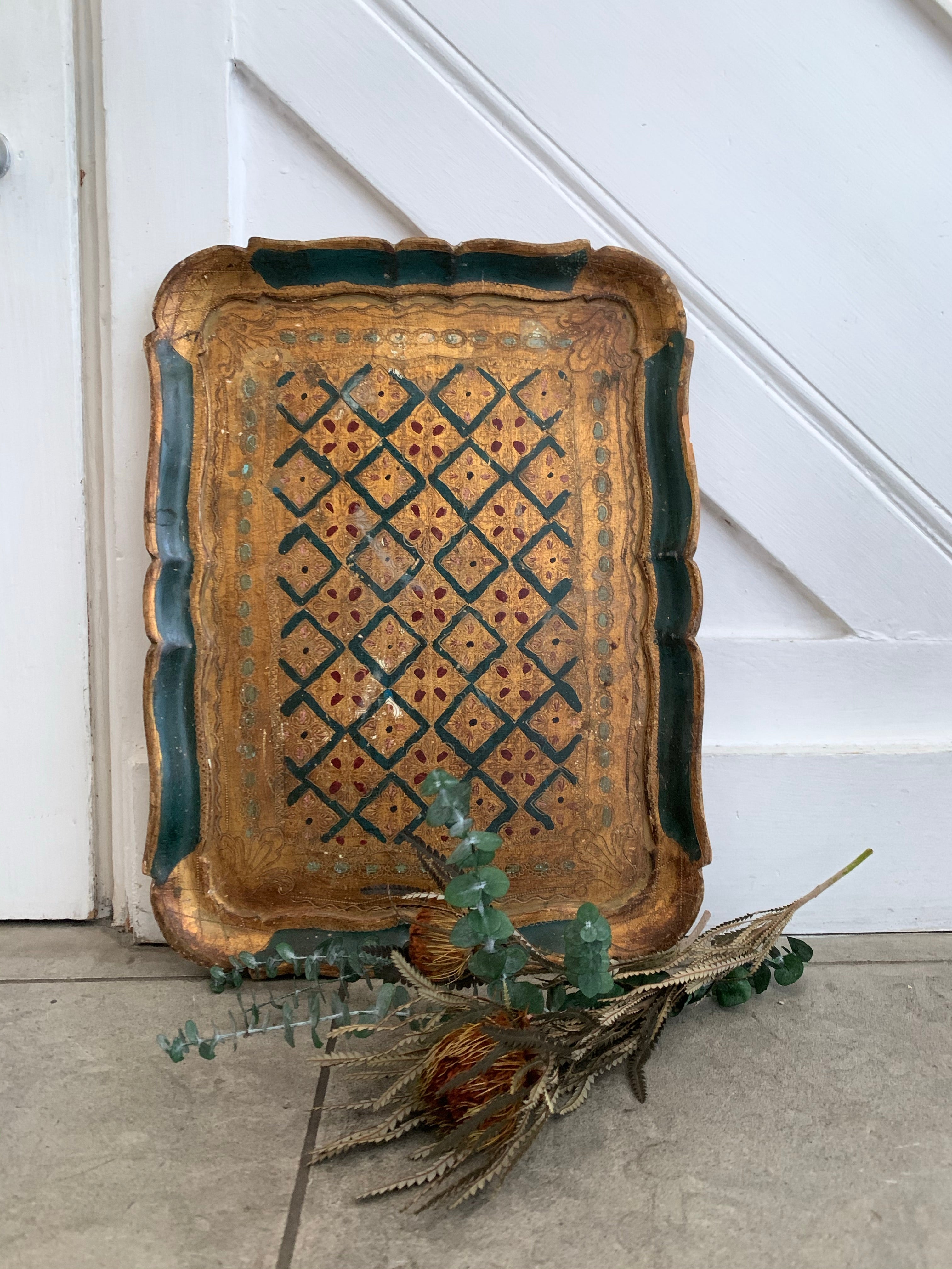 Florentine Wood Gilt Tray - Green & Gold
