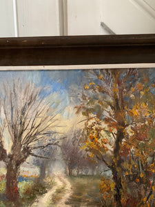 Midcentury Oil on Canvas: A path through the trees